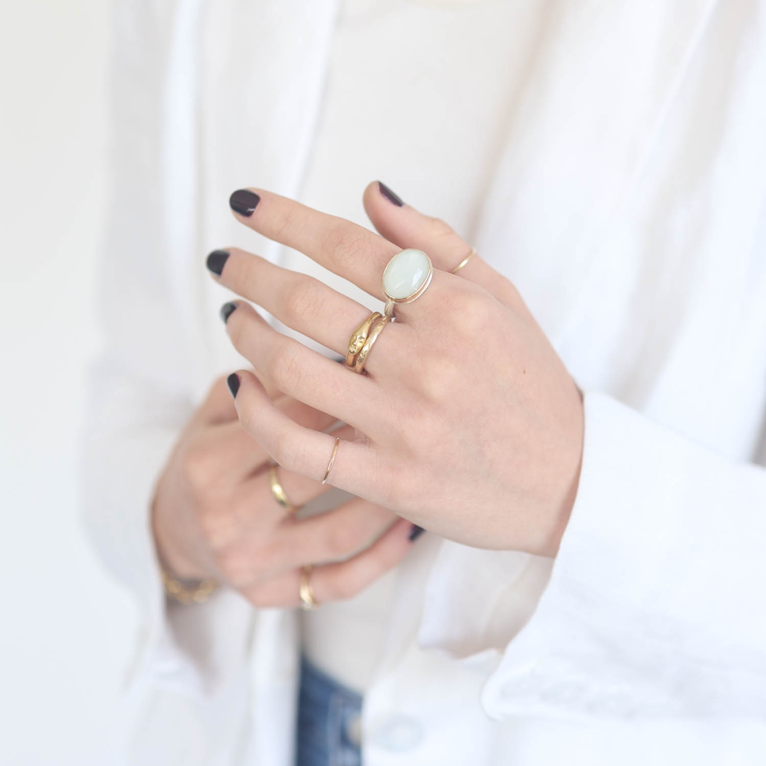 Jamie Joseph:Sterling & 14K Gold Ring w/ Oval Rose Cut WHITE MOONSTONE on Egyptian Band,sz 7.25,7/16 x 5/8