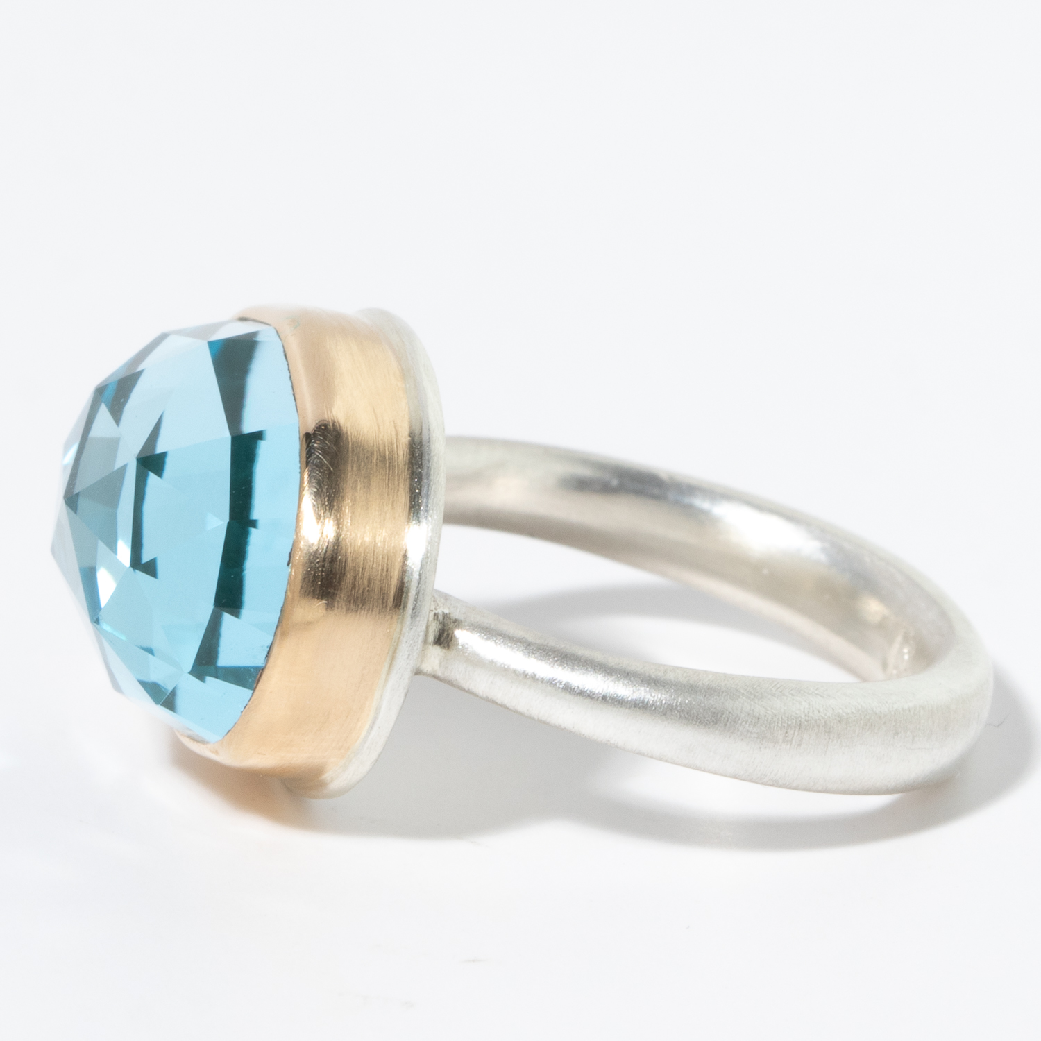 Jamie Joseph: Sterling & 14K Gold Ring w/ Small Oval Rose Cut SKY BLUE TOPAZ On Egyptian Band, Size 6 3/4