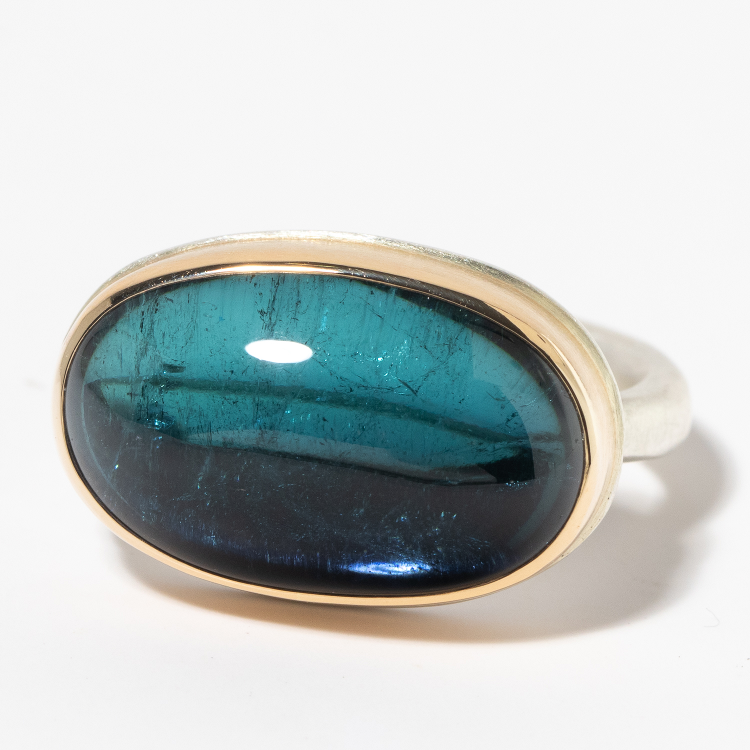 Jamie Joseph:Sterling & 14K Gold Ring w/ Oval Smooth INDICOLITE TOURMALINE on Egyptian Band sz 7.5,7/16 x 3/4