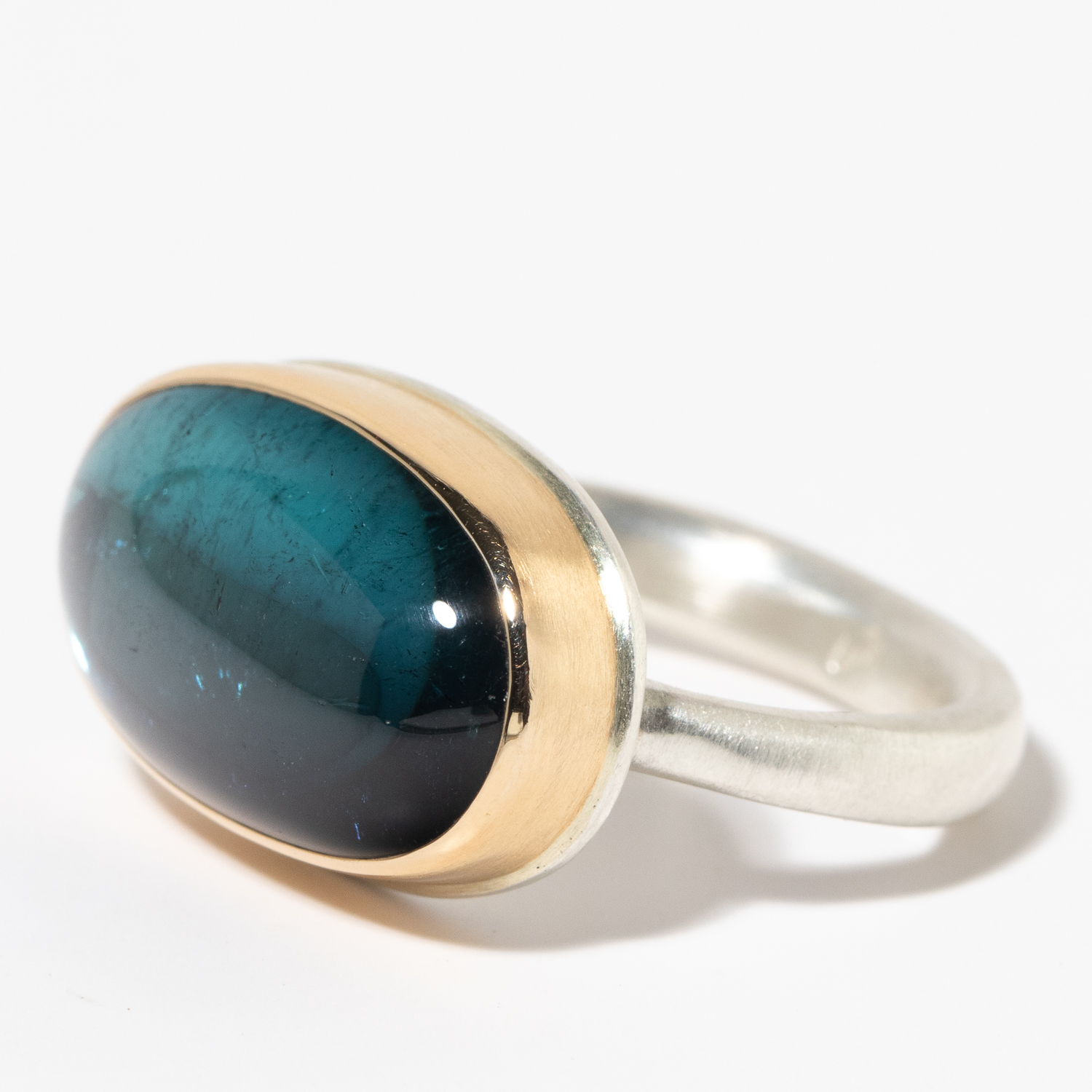 Jamie Joseph:Sterling & 14K Gold Ring w/ Oval Smooth INDICOLITE TOURMALINE on Egyptian Band sz 7.5,7/16 x 3/4