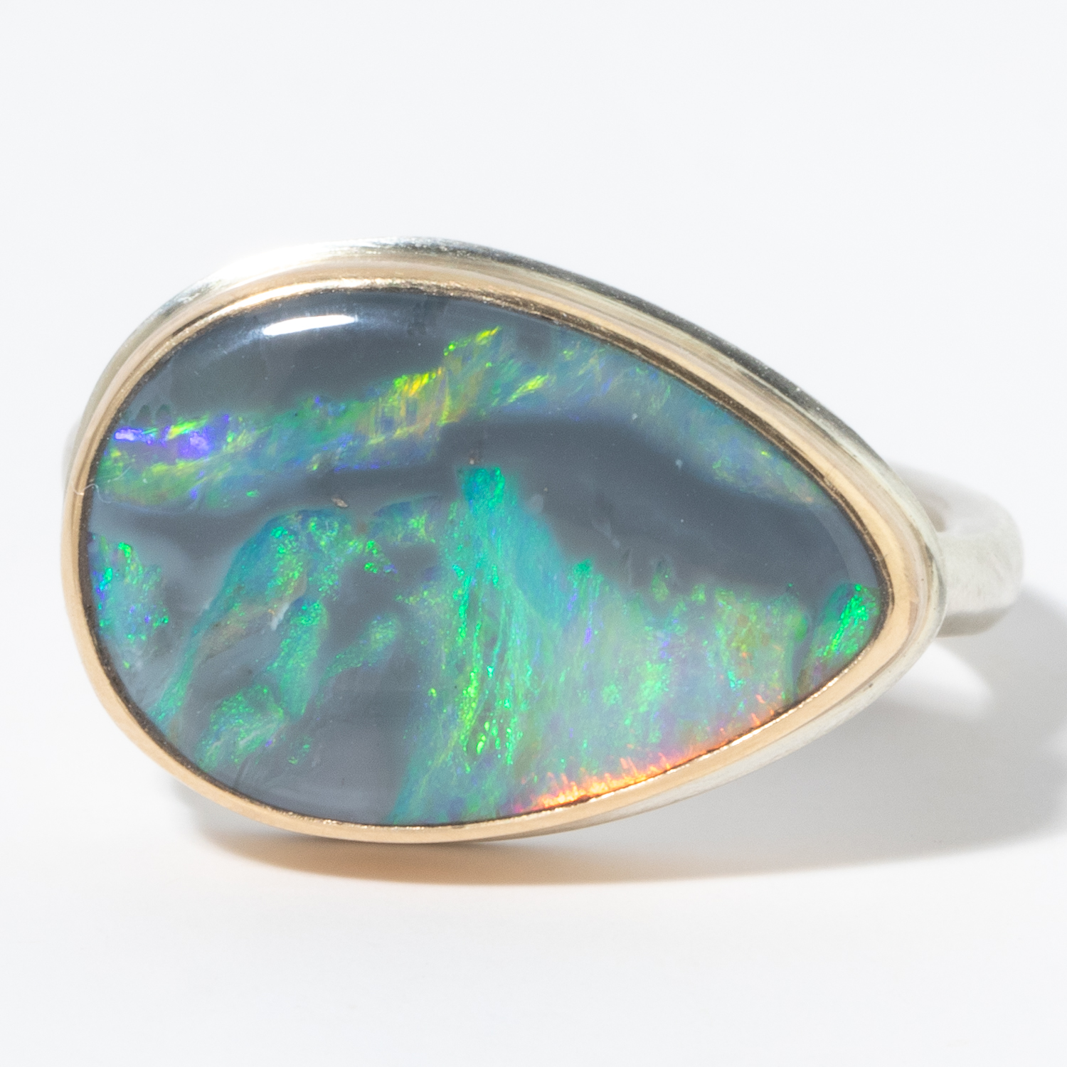 Jamie Joseph: Sterling & 14K Gold Ring w/ Teardrop AUSTRALIAN OPAL on Egyptian Band, Size 7 1/2