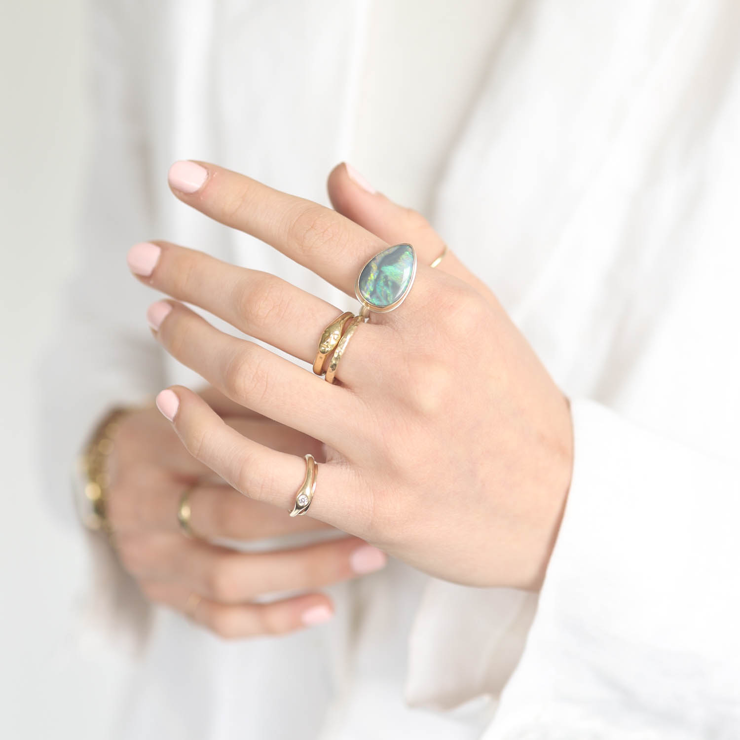 Jamie Joseph: Sterling & 14K Gold Ring w/ Teardrop AUSTRALIAN OPAL on Egyptian Band, Size 7 1/2