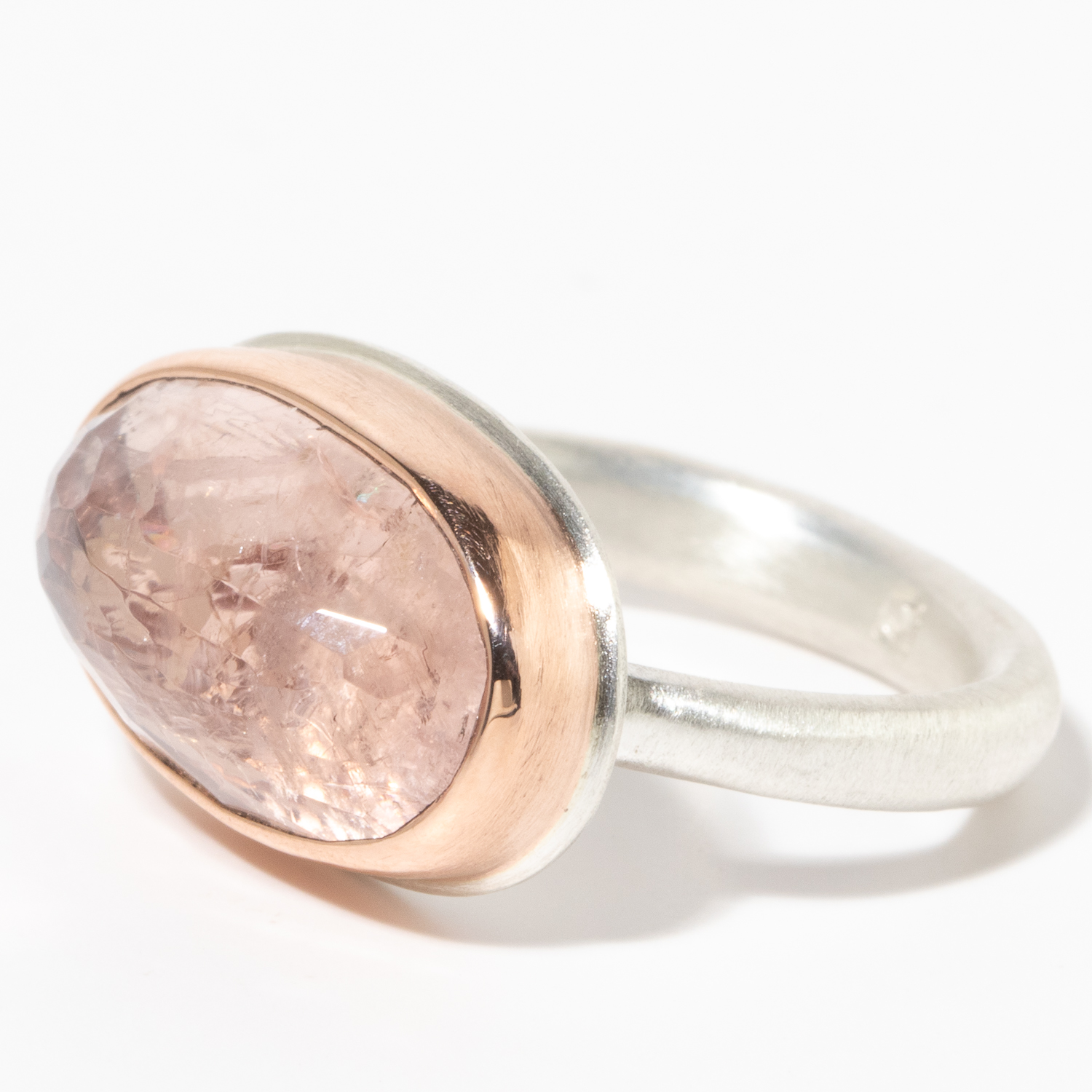 Jamie Joseph:Sterling & 14K Rose Gold Ring w/ Oval Inverted MORGANITE on Egyptian Band,sz 7.25,3/8 x 11/16