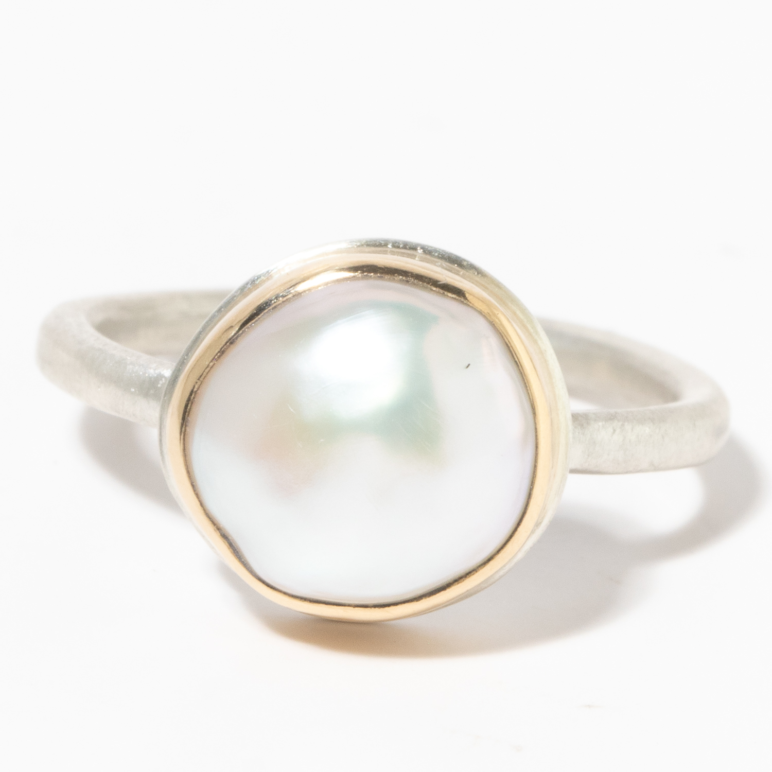 Jamie Joseph:Sterling & 14K Gold Ring w/ Small Round CULTURED PEARL on J Band,sz 6.75,3/8 x 3/8