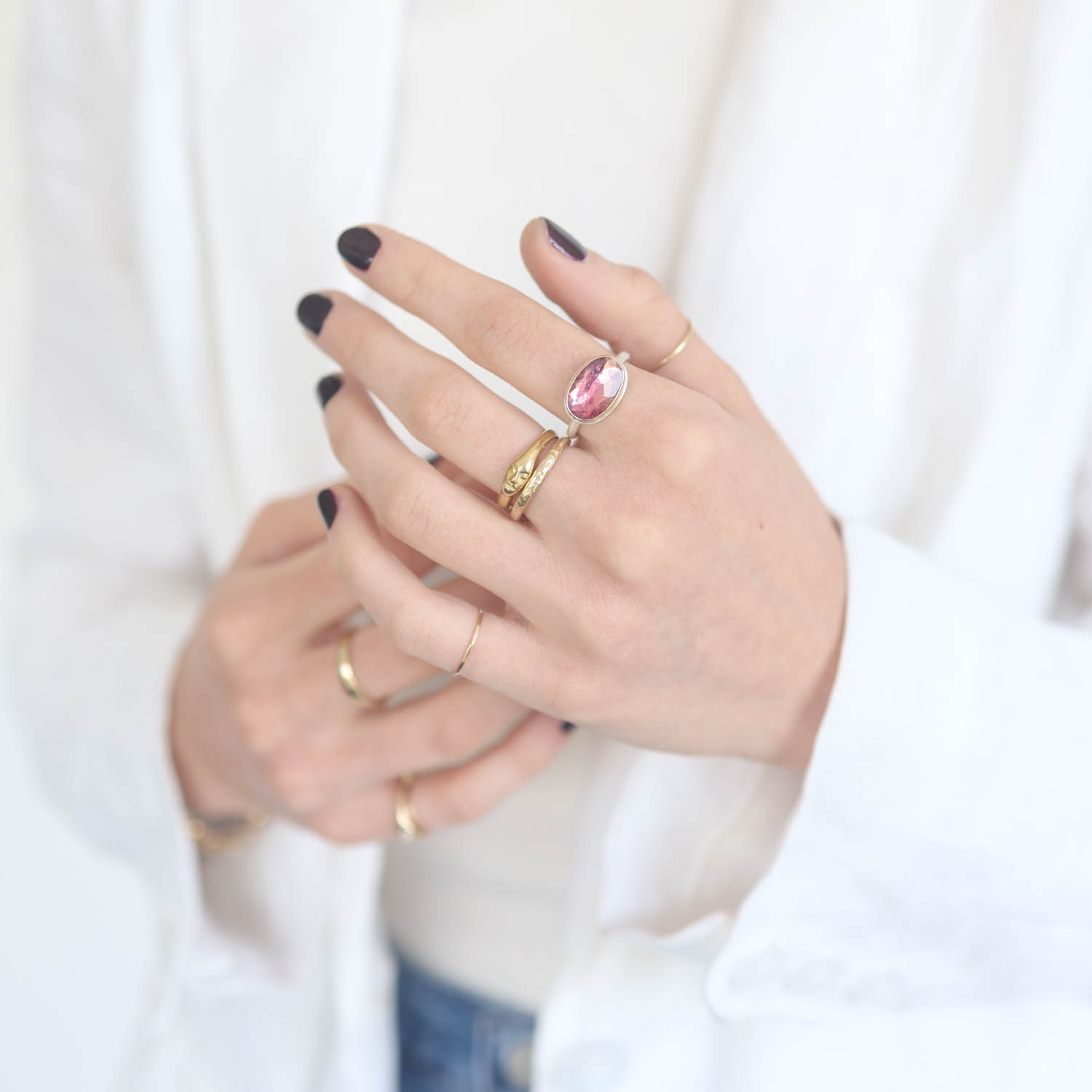 Jamie Joseph:Sterling & 14K Gold Ring w/ Small Oval Inverted PINK TOURMALINE on J Band,sz 6.75,5/16 x 1/2