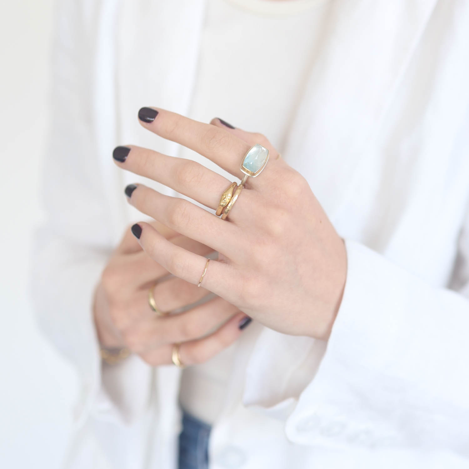 Jamie Joseph:Sterling & 14K Gold Ring w/ Rectangular Inverted BI-COLOR BLUE TOPAZ on J Band,7 3/8 x 9/16
