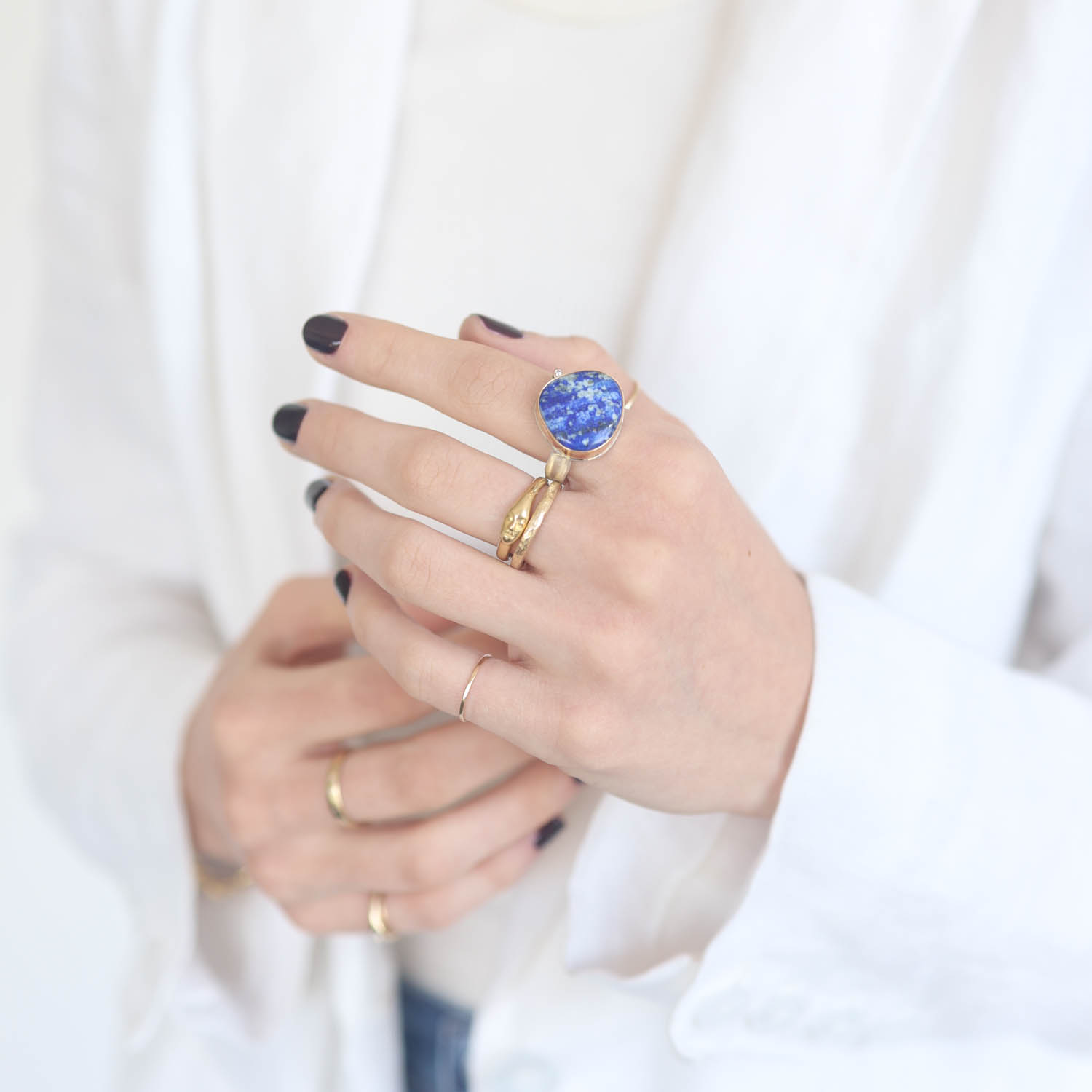 Jamie Joseph: Sterling & 14K Gold Ring w/ Lotus Smooth LAPIS & .025 ct Satellite Diamond on Live Edge Band, size 7.75, 5/8x11/16