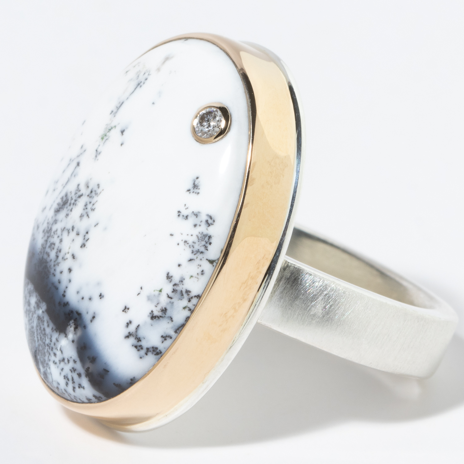 Jamie Joseph: Sterling & 14K Gold Ring w/ Vertical Oval Smooth DENDRITIC OPAL & .03 ct Diamond on Y Band, Size 7 1/2