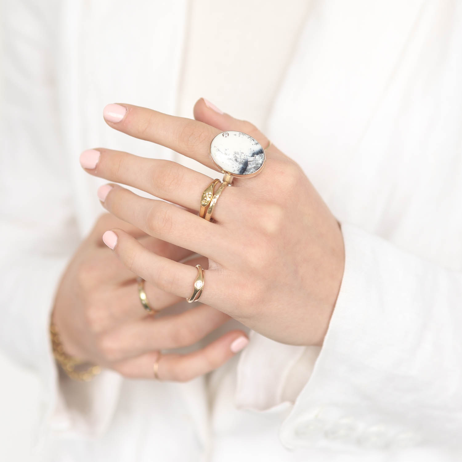 Jamie Joseph: Sterling & 14K Gold Ring w/ Vertical Oval Smooth DENDRITIC OPAL & .03 ct Diamond on Y Band, Size 7 1/2