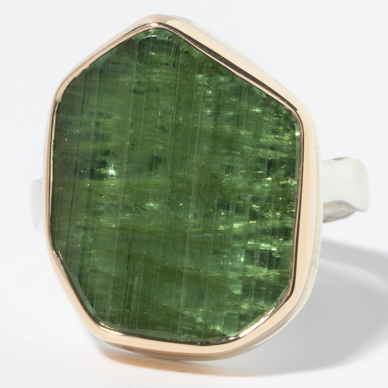 Jamie Joseph: Sterling & 14K Gold Ring w/ Vertical Asymmetrical Surface Cut GREEN TOURMALINE on Eroded Live Edge Band, Size 7 1/4