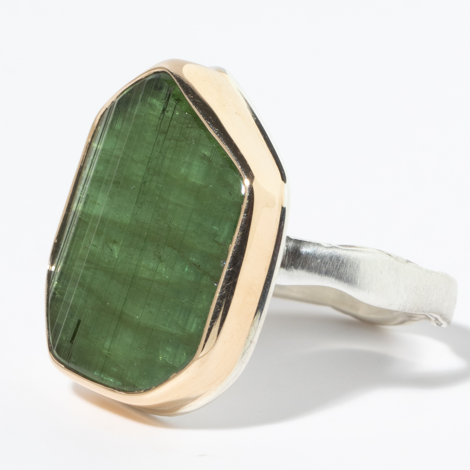 Jamie Joseph: Sterling & 14K Gold Ring w/ Vertical Asymmetrical Surface Cut GREEN TOURMALINE on Eroded Live Edge Band, Size 7 1/4