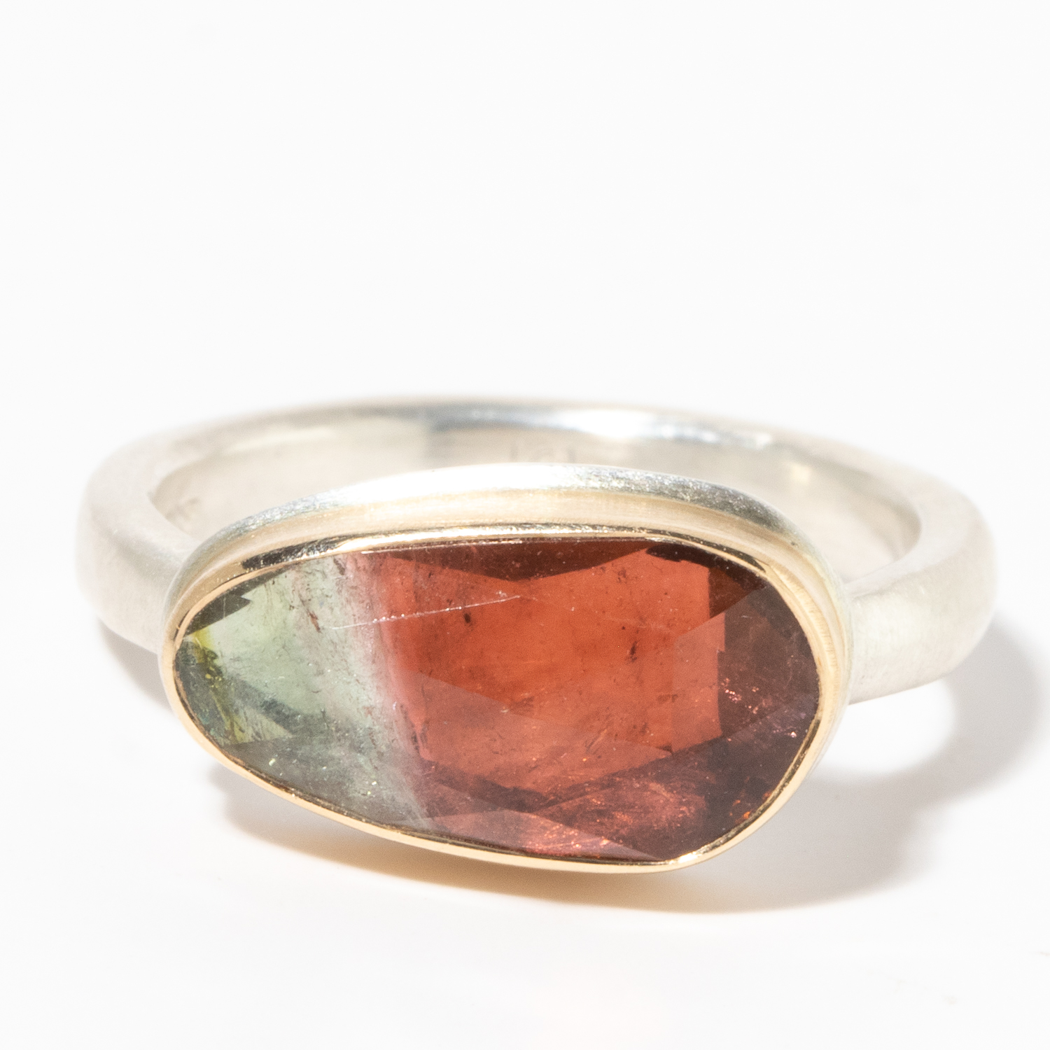 Jamie Joseph:Sterling & 14K Gold Ring w/ Small Asymmetrical Rose Cut WATERMELON TOURMALINE on Middle Organic Band,sz 6.5.1/4 x 9/16