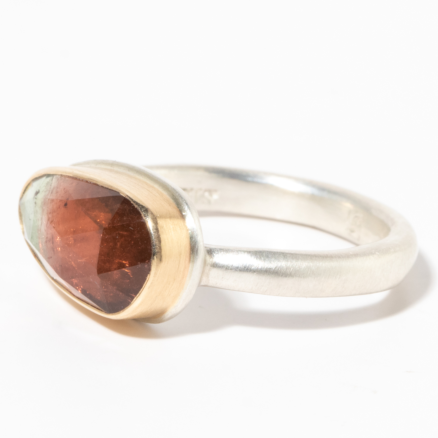 Jamie Joseph:Sterling & 14K Gold Ring w/ Small Asymmetrical Rose Cut WATERMELON TOURMALINE on Middle Organic Band,sz 6.5.1/4 x 9/16