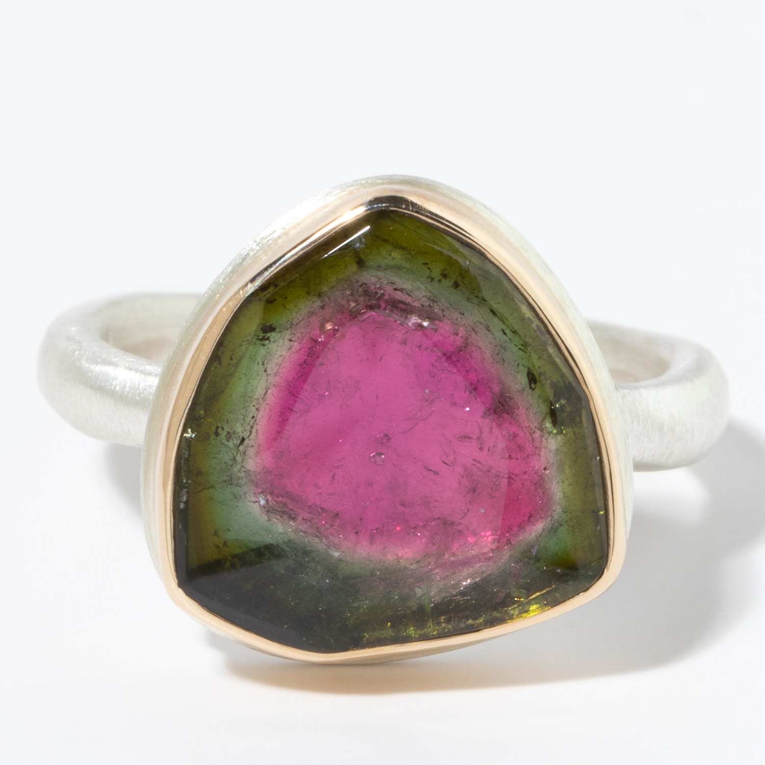 Jamie Joseph: Sterling & 14K Gold Ring w/ Small WATERMELON TOURMALINE Slice on Middle Organic Band, Size 6 3/4
