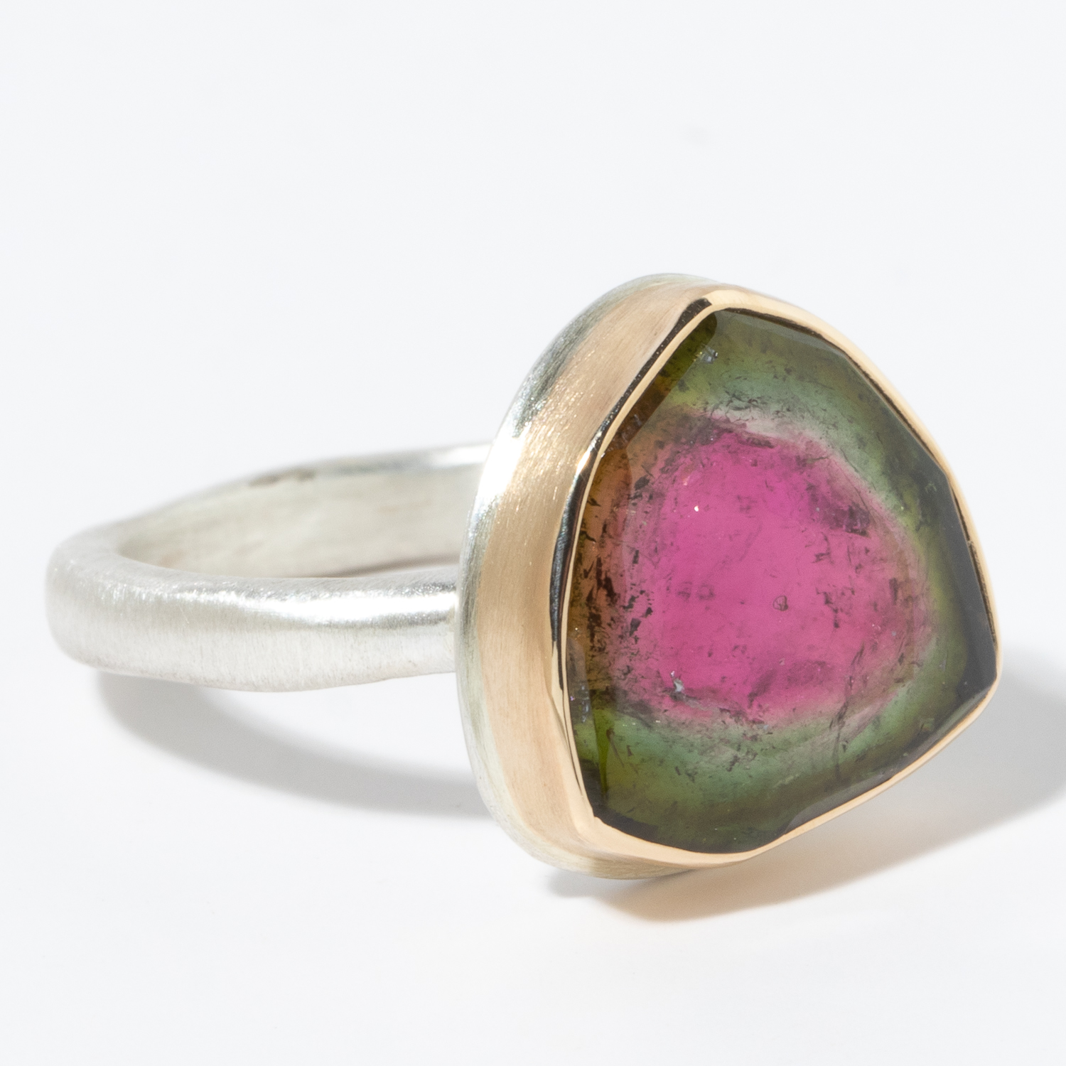 Jamie Joseph: Sterling & 14K Gold Ring w/ Small WATERMELON TOURMALINE Slice on Middle Organic Band, Size 6 3/4