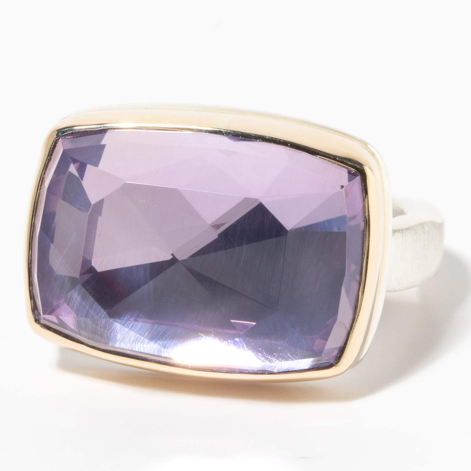 Jamie Joseph: Sterling & 14K Gold Ring w/ Rectangular Rose Cut LAVENDER AMETHYST on Soft Live Edge Band, sz 7.25, 1/2" x 11/16"