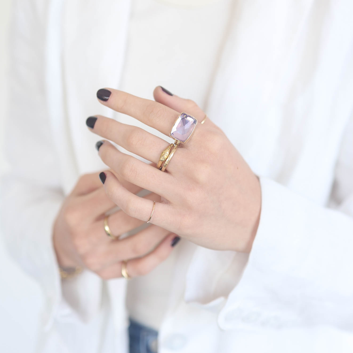 Jamie Joseph: Sterling & 14K Gold Ring w/ Rectangular Rose Cut LAVENDER AMETHYST on Soft Live Edge Band, sz 7.25, 1/2" x 11/16"