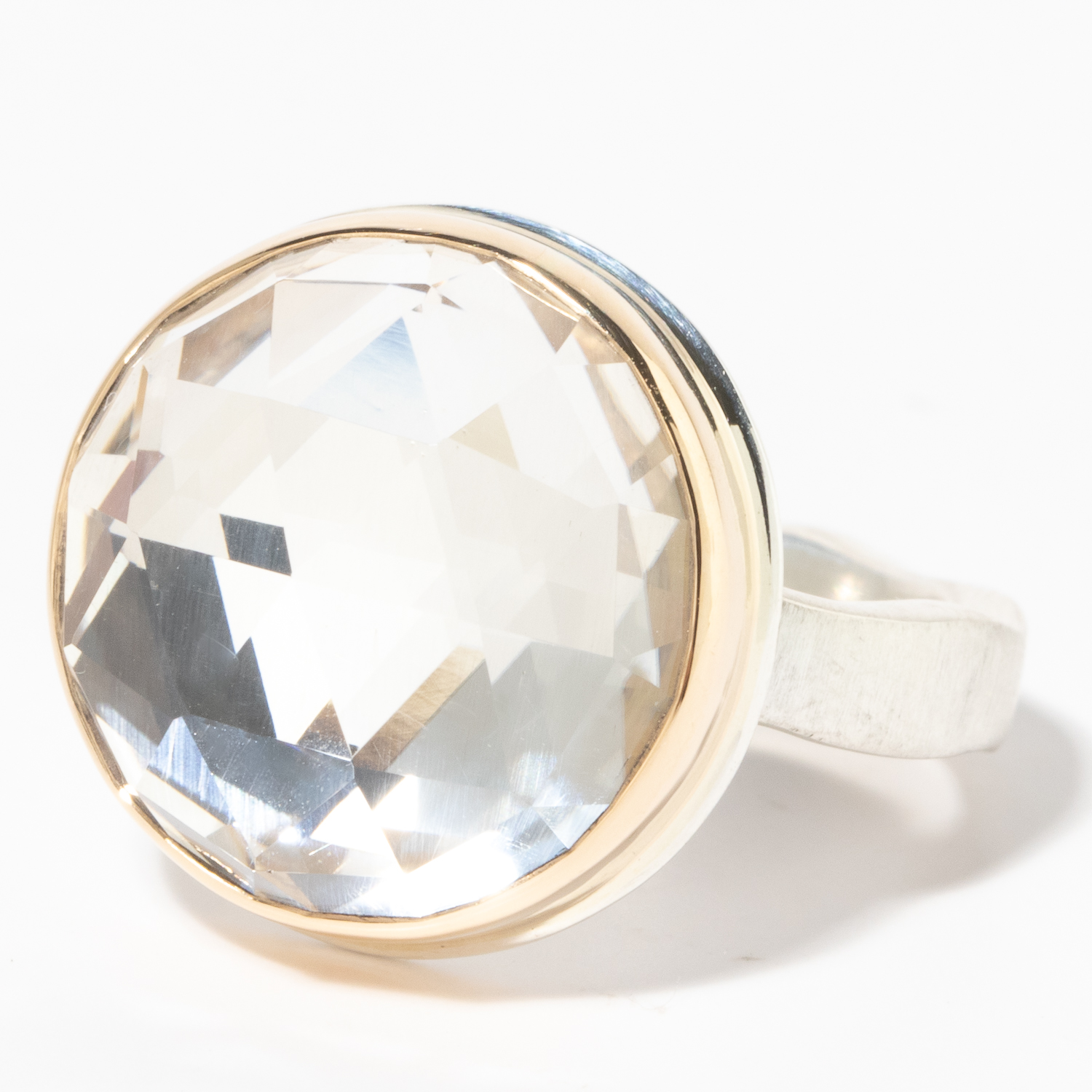 Jamie Joseph:Sterling & 14K Gold Ring w/ Small Round Rose Cut ROCK CRYSTAL on Soft Live Edge Band,sz 7.5,5/8 dia