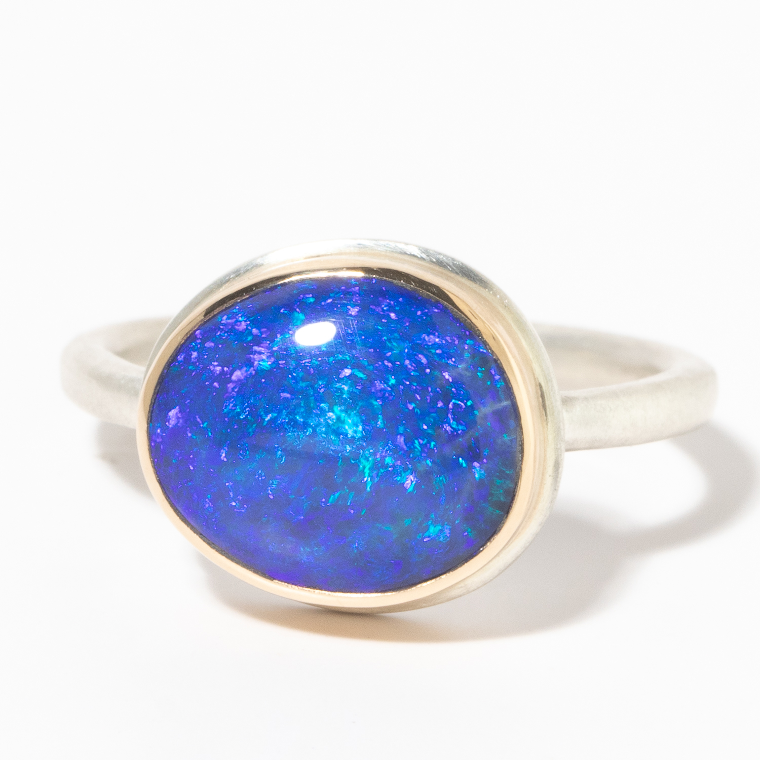 Jamie Joseph: Sterling & 14K Gold Ring w/ Small Asymmetrical AUSTRALIAN BLACK OPAL on J Band, size 6.75, 3/8 x 7/16