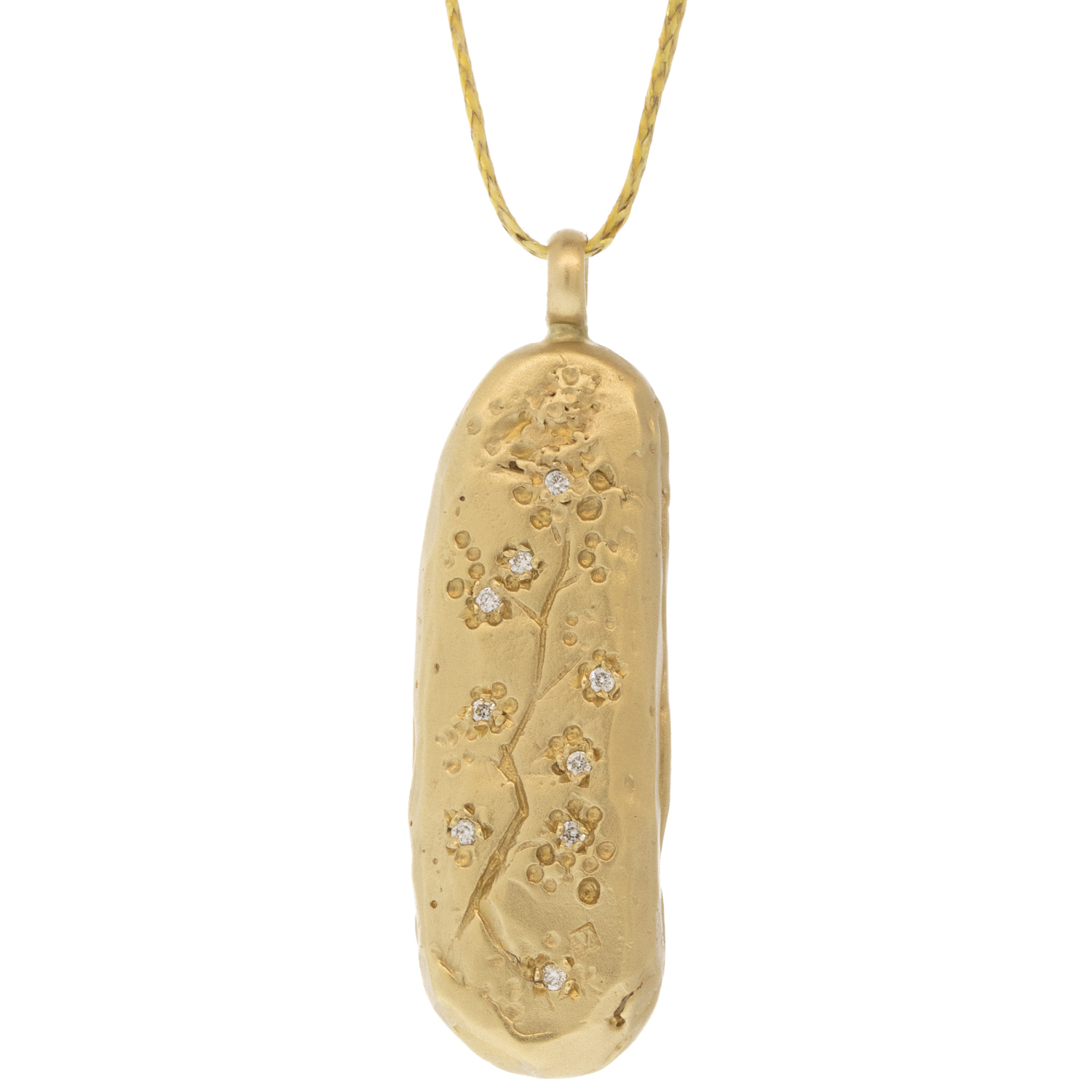 Victoria Cunningham Trunk Show:14k,rose cut pink sapphire + 14k cherry blossom back (pendant only), Measures 1 3/8" x 3/8" including bail