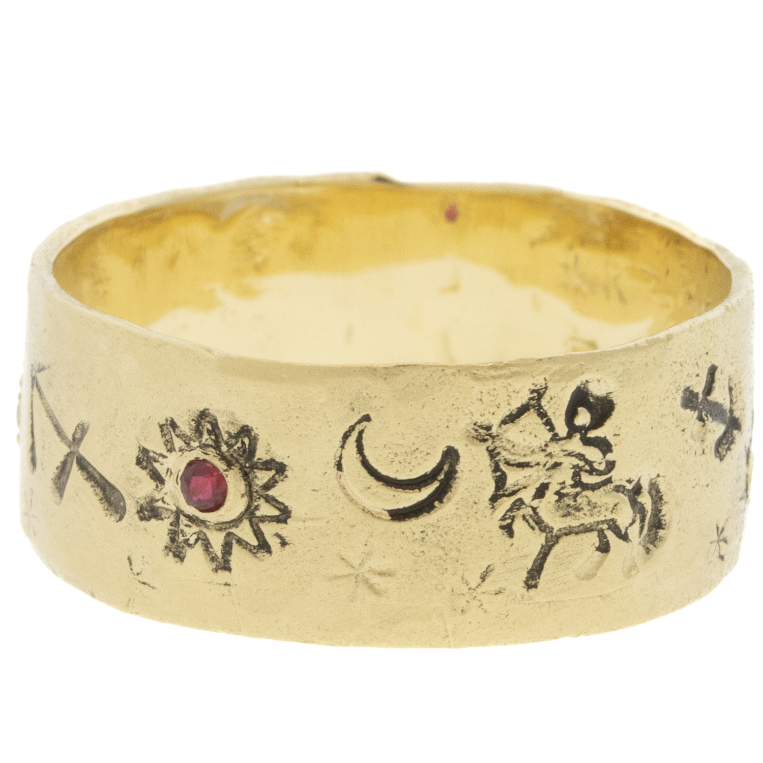 Victoria Cunningham Trunk Show: 14K sagittarius ring, Size 8 1/4, Width 5/16"
