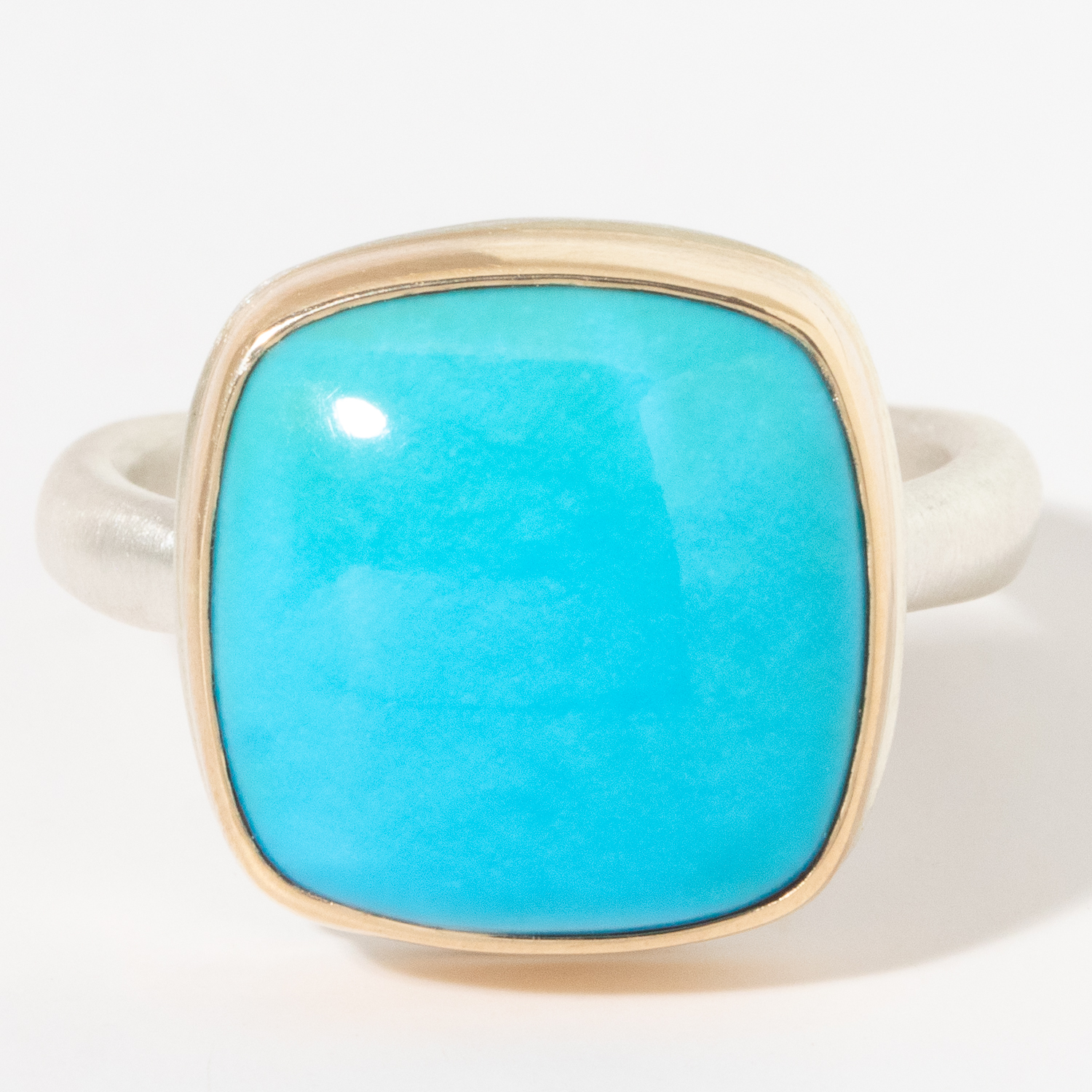 Jamie Joseph: Sterling & 14K Gold Ring w/ Square Smooth SLEEPING BEAUTY TURQUOISE on Middle Organic Band 1/2" x 1/2" 6.75