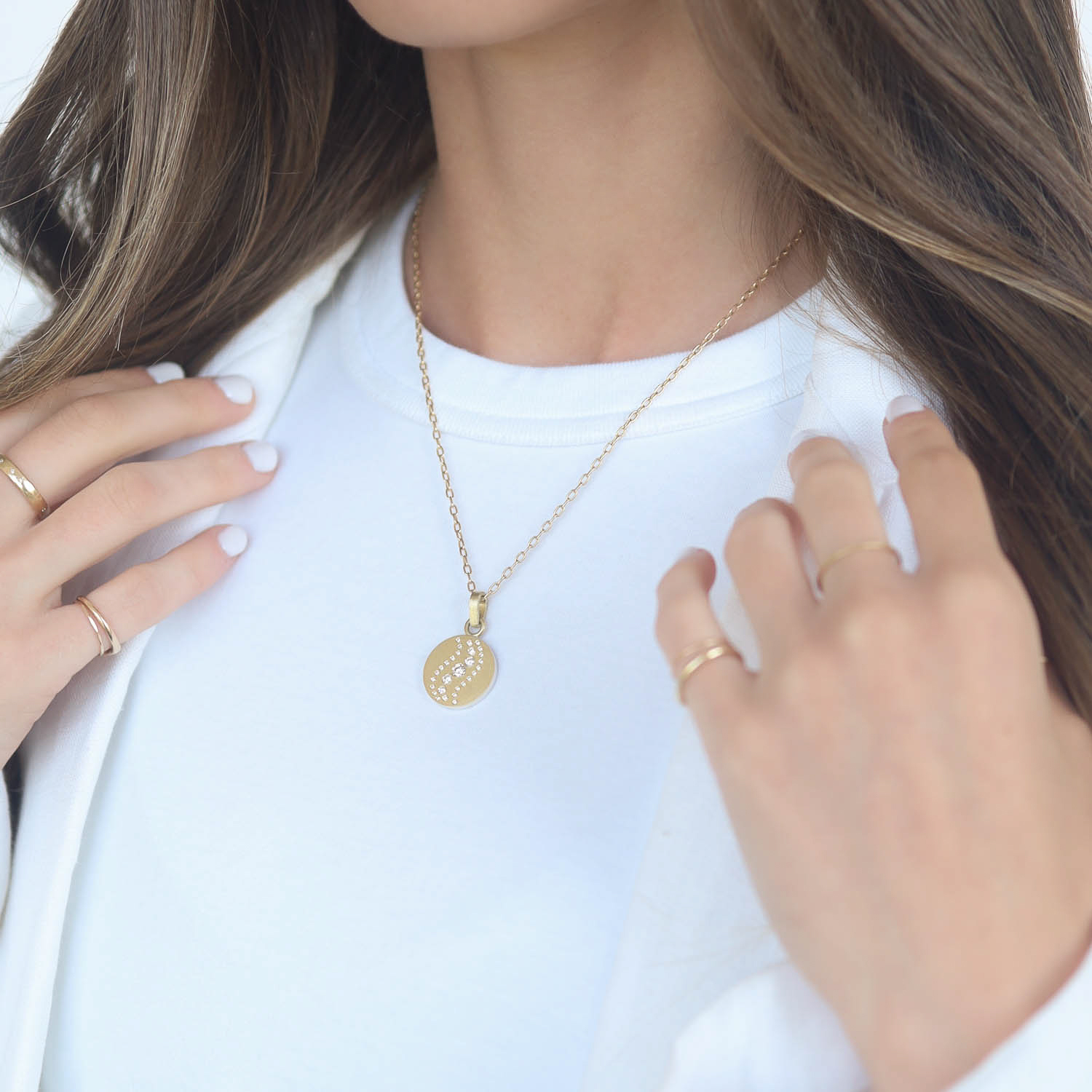 Rene Escobar:PENDANT,ARIA,YG ROUND SHAPE MEDIUM PENDANT & YG BAIL PENDANT SET WITH 0.45CT IN DIAMONDS
