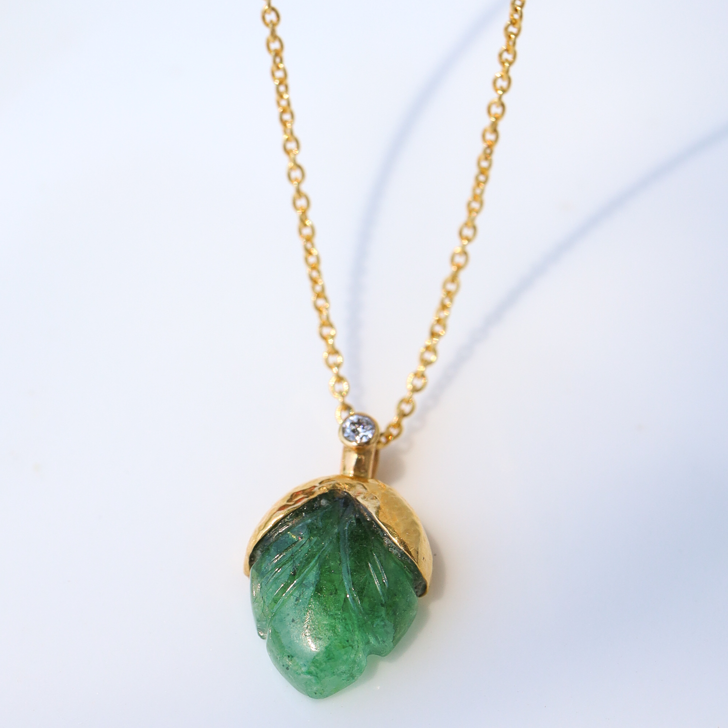 Gurhan: One Of A Kind Pendant, 24kyg, leaf shaped carved emerald, 16-18" 22kyg chain