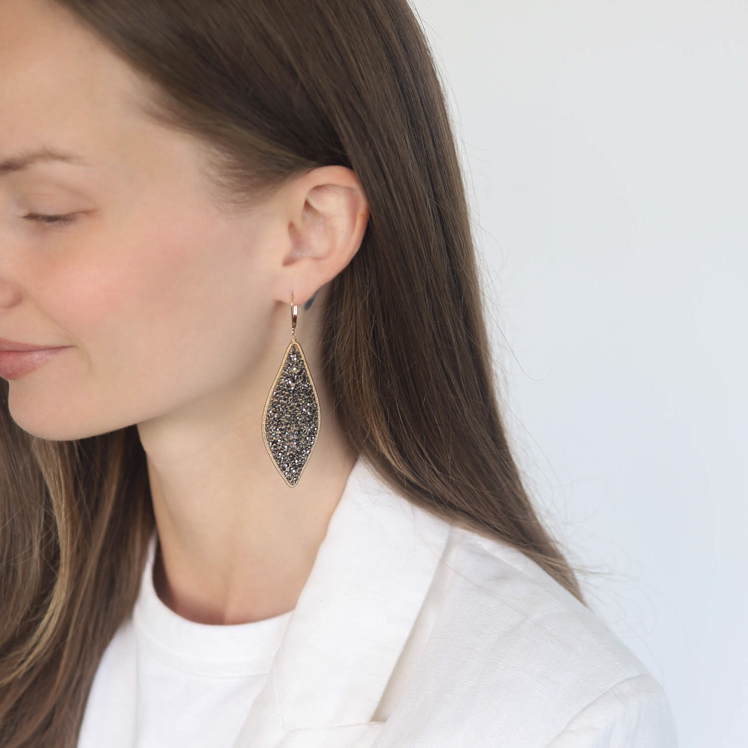 Dana Kellin: Earrings, Celestial, Extra-large, Silver Night crystals, Gold fill., 3" x 15/16"