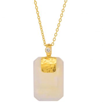 Gurhan: One of a Kind, 24kyg rectangular faceted Ethiopian Opal with 22kyg bale with diamond, 16-18" chain