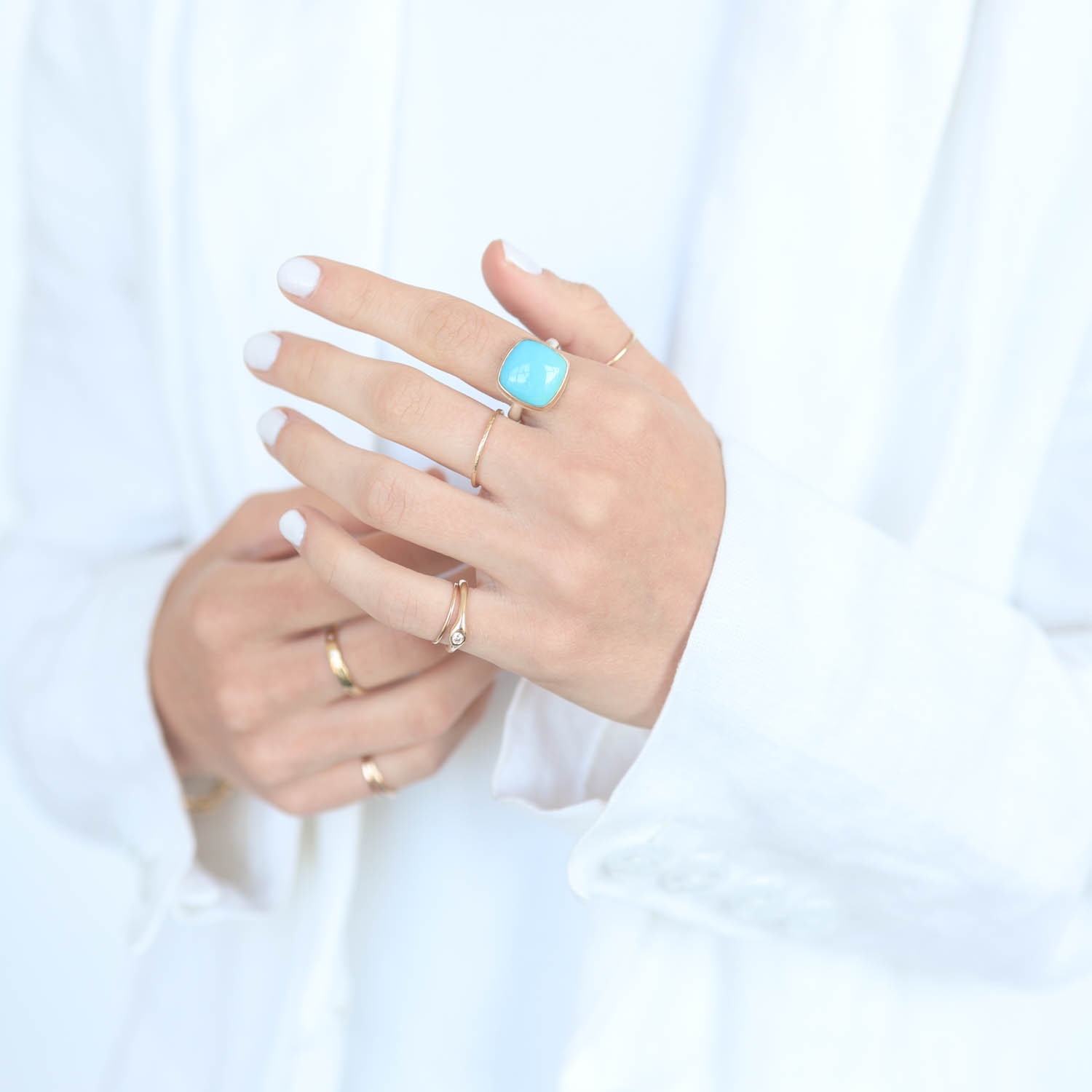 Jamie Joseph: Sterling & 14K Gold Ring w/ Square Smooth SLEEPING BEAUTY TURQUOISE on Middle Organic Band 1/2" x 1/2" 6.75
