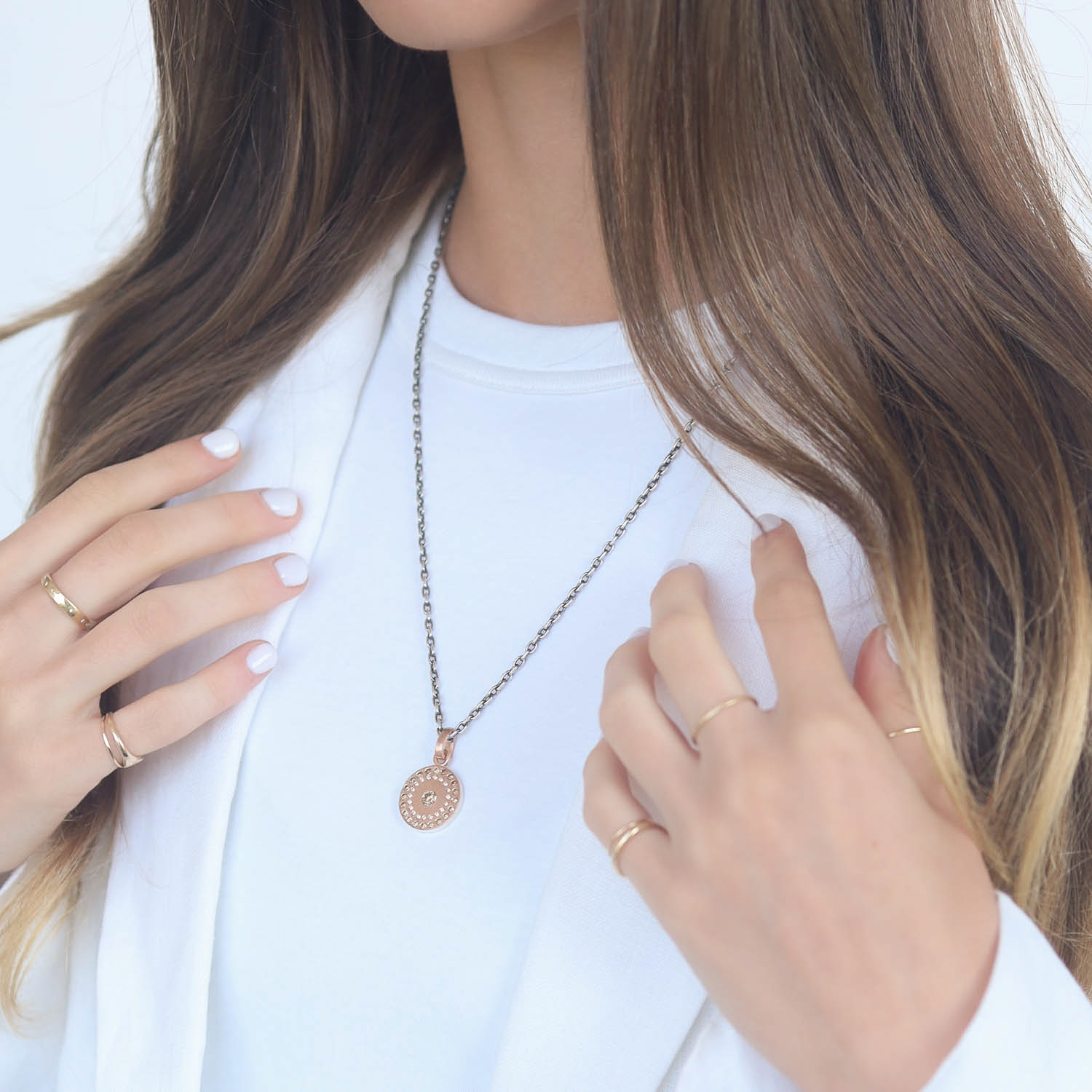 Rene Escobar:PENDANT,RONDE,Rose Gold ROUND SHAPE MEDIUM PENDANT & RG BAIL PENDANT SET WITH 0.80CT IN CHAMPAGNE & WHITE DIAMONDS