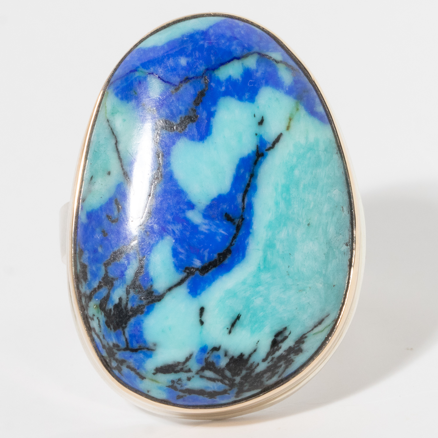 Jamie Joseph: Sterling & 14K Gold Ring, Large Vertical Asymmetrical CHRYSOCOLLA-AZURITE-MALACHITE, Y Band size 8.25 1 3/16" x 13/16"