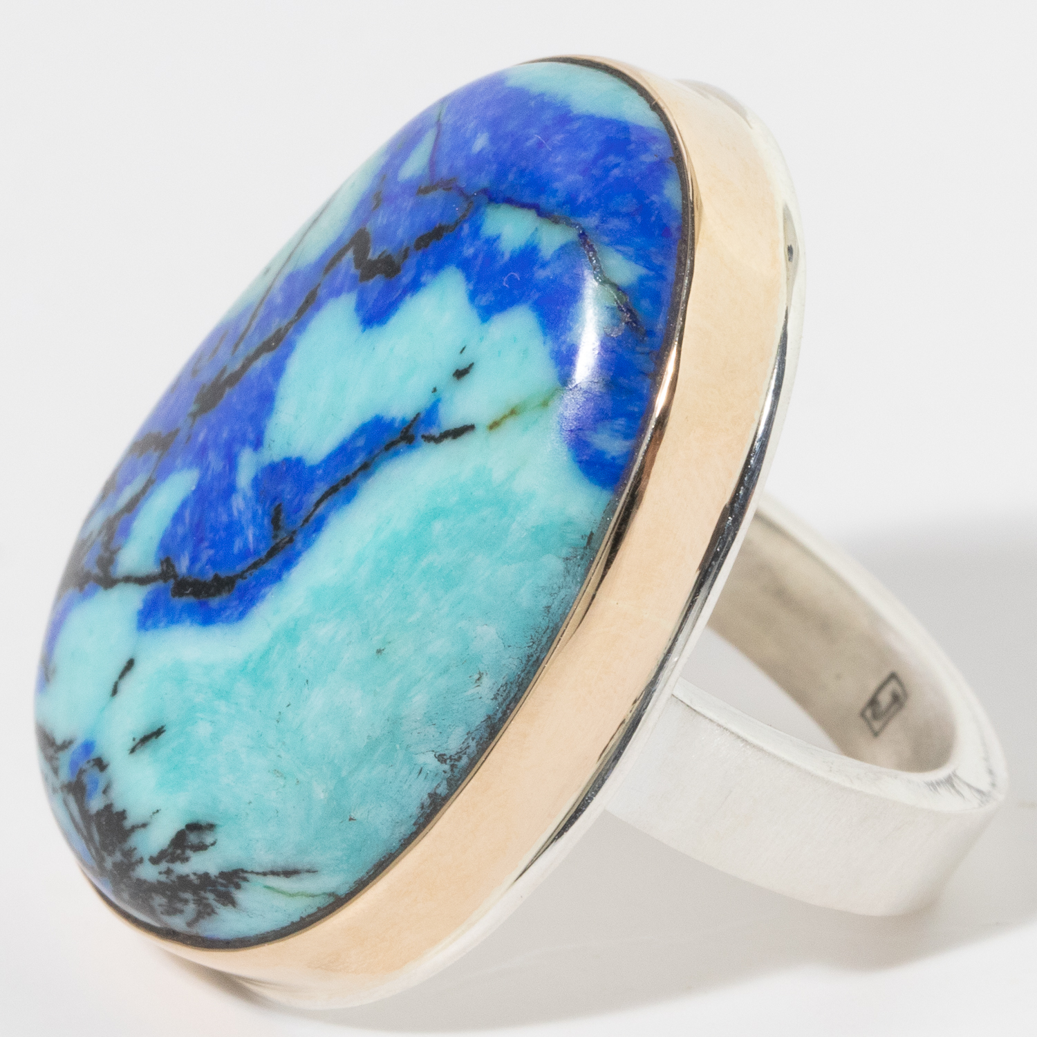 Jamie Joseph: Sterling & 14K Gold Ring, Large Vertical Asymmetrical CHRYSOCOLLA-AZURITE-MALACHITE, Y Band size 8.25 1 3/16" x 13/16"