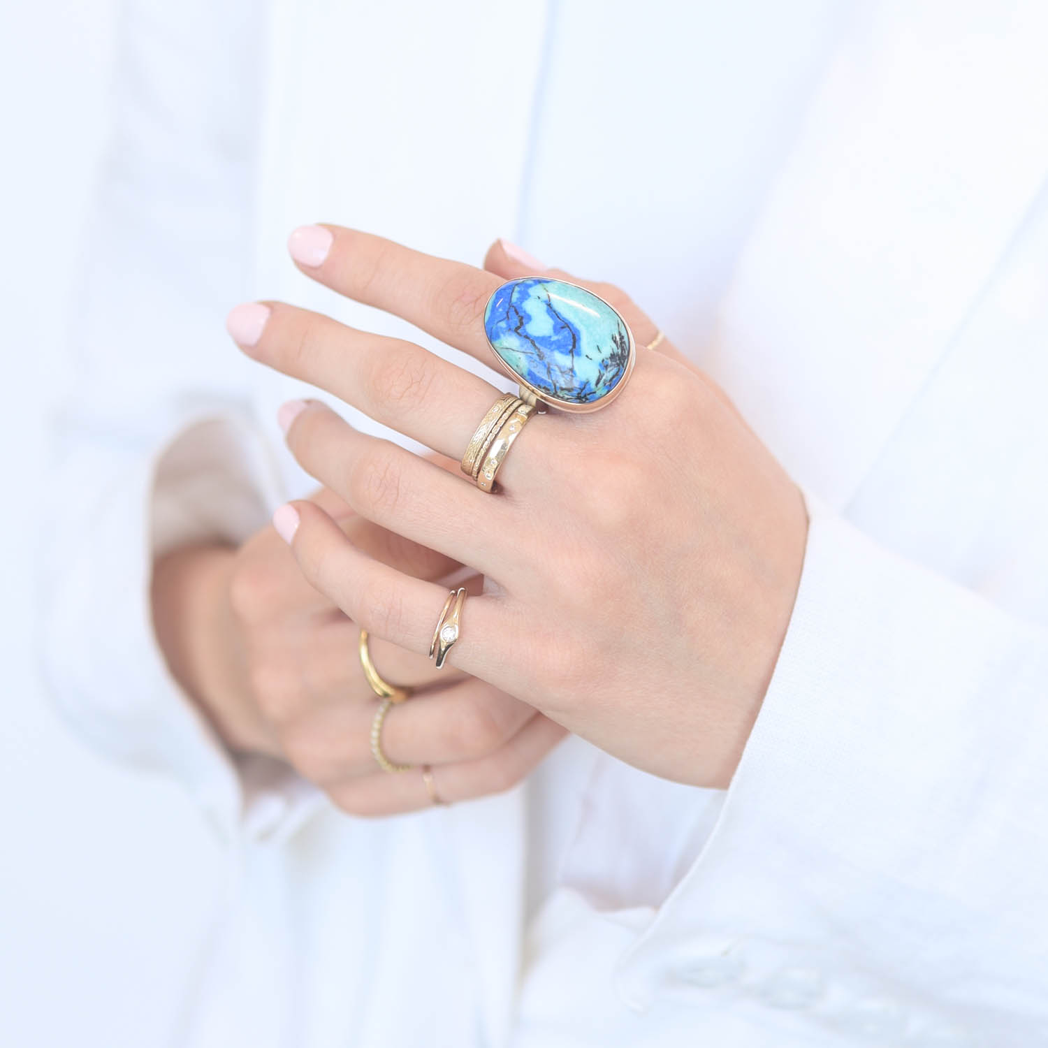 Jamie Joseph: Sterling & 14K Gold Ring, Large Vertical Asymmetrical CHRYSOCOLLA-AZURITE-MALACHITE, Y Band size 8.25 1 3/16" x 13/16"