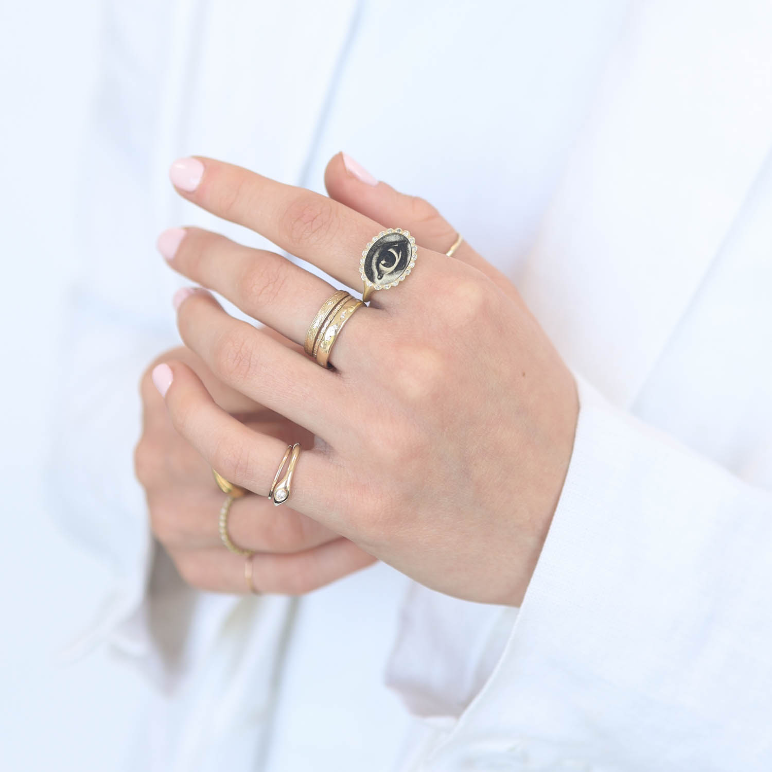 Anzu Fine: Petal Signet Ring, Eye, 14k YG w/ Silver Diamonds