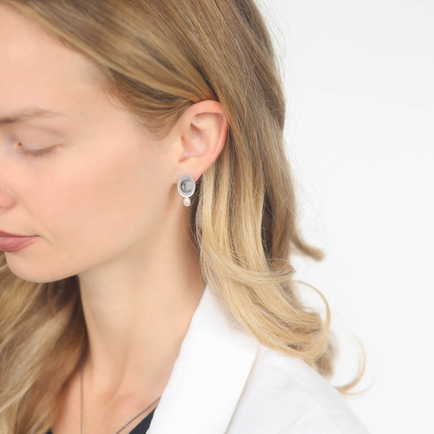 Anzu: Pearl Studs, Sterling Silver, Oval Setting, Celestial Motif
