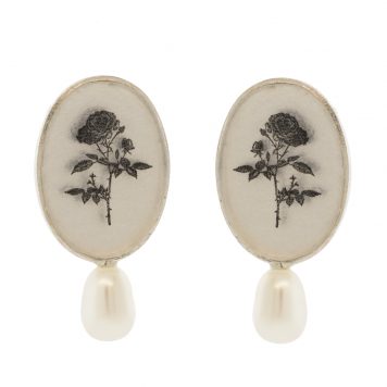 Anzu: Pearl Studs, Sterling Silver, Oval Setting, Rose Motif