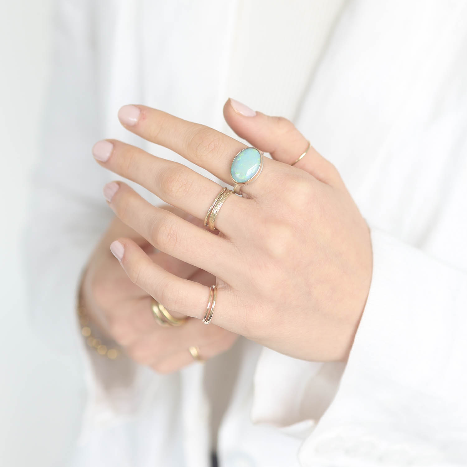 Jamie Joseph:Sterling & 14K Gold Ring w/ Small Oval AUSTRALIAN OPAL on Eroded Live Edge Band,sz 7.5,7/16x5/8