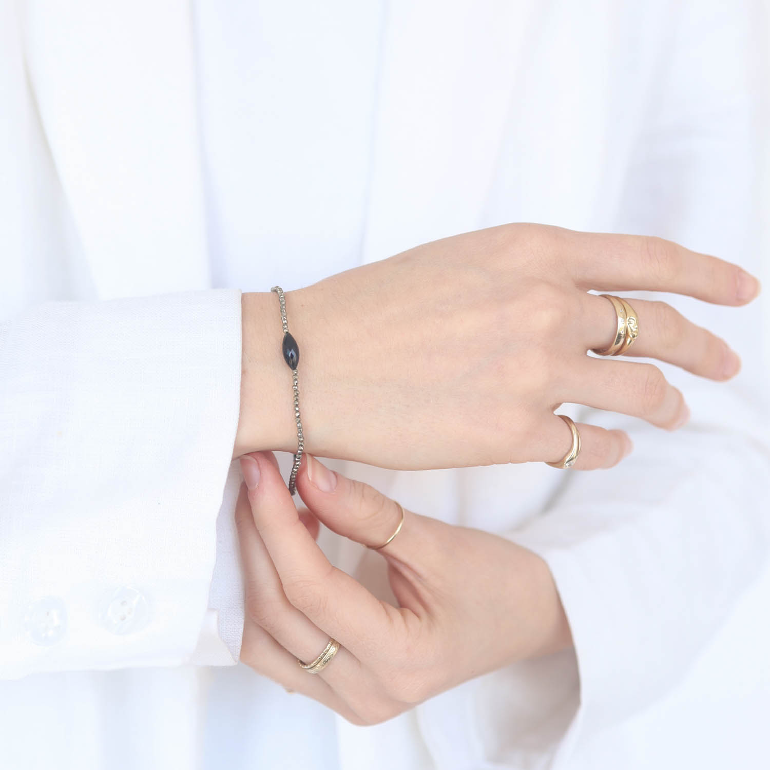 Margaret Solow: Bracelet, SS Clasp, Pyrite & Tourmaline - Marquise