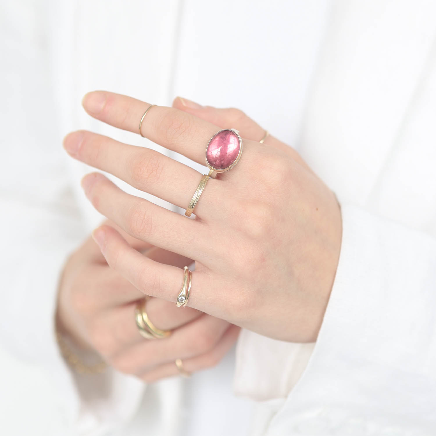 Jamie Joseph:Sterling & 14K Gold Ring w/ Oval Smooth PINK TOURMALINE on Soft Live Edge Band