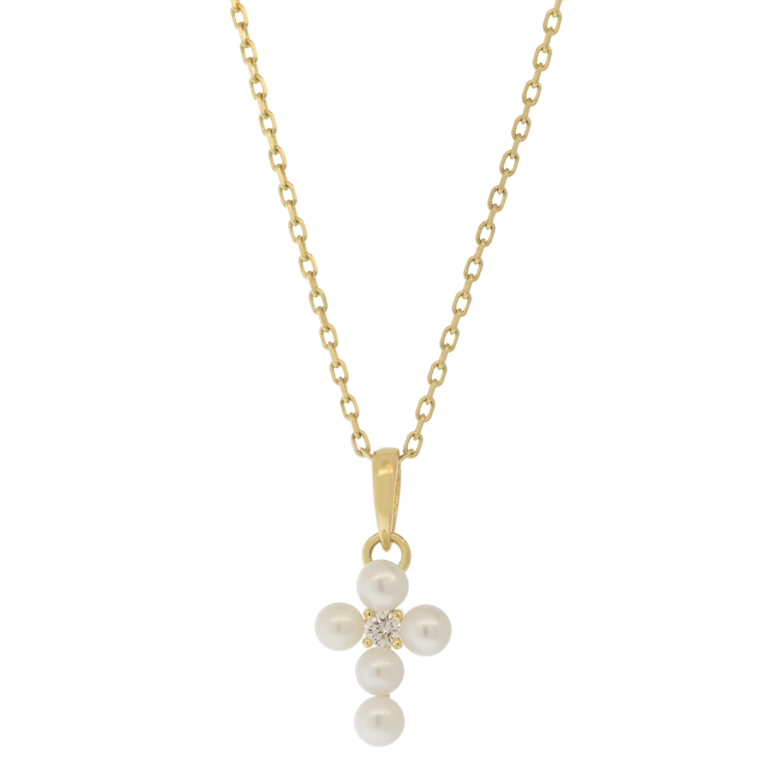 Mizuki: Necklace, 14kt Chain with Freshwater Pearl Cross & Diamond, 2.5mm, .03 ct, 14.5-16"