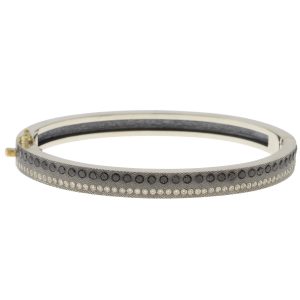 Rene Escobar: ADAM 6MM. SS hinged bangle featuring an 18k YG push button style clasp and set with 0.85CT of BK diamonds.