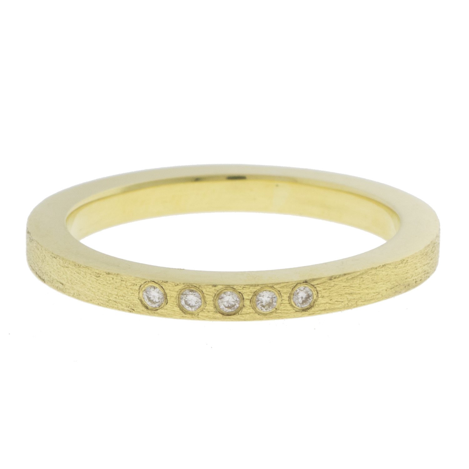 Rene Escobar Trunk Show:2.3MM. 18k YG ring set with 0.15CT of WH diamonds.