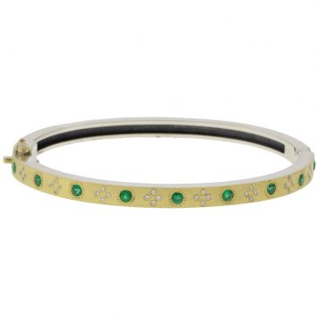 Rene Escobar:DAPHNE EMERALD 4MM. SS hinged bangle featuring an 18k YG push button style clasp and a solid 18k YG top sheet set with 0.85CT of EME and WH diamonds