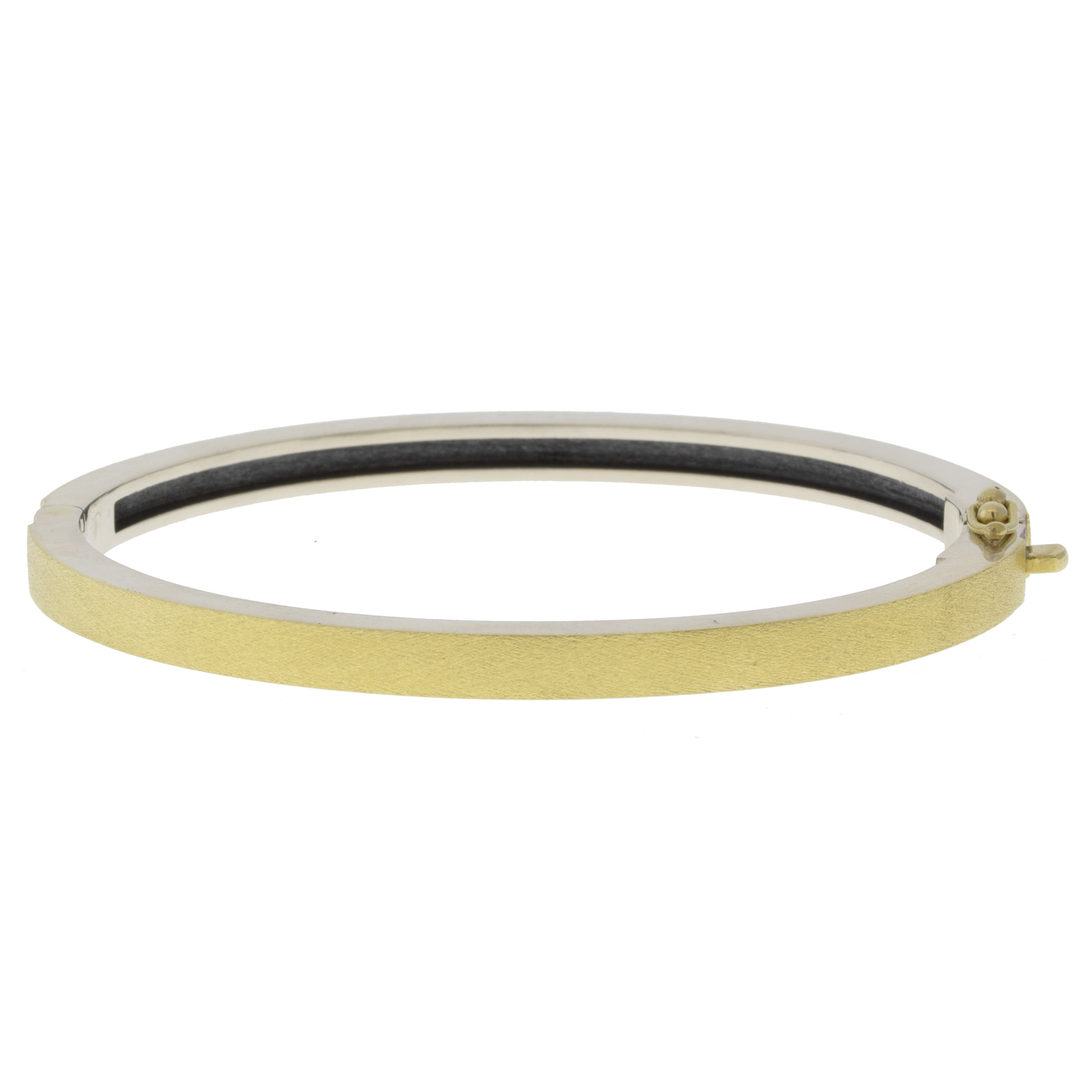 Rene Escobar Trunk Show:#11 4MM. SS hinged bangle featuring an 18k YG push button style clasp and a solid 18k YG top sheet set with CAB cut 1.25CT of EME.