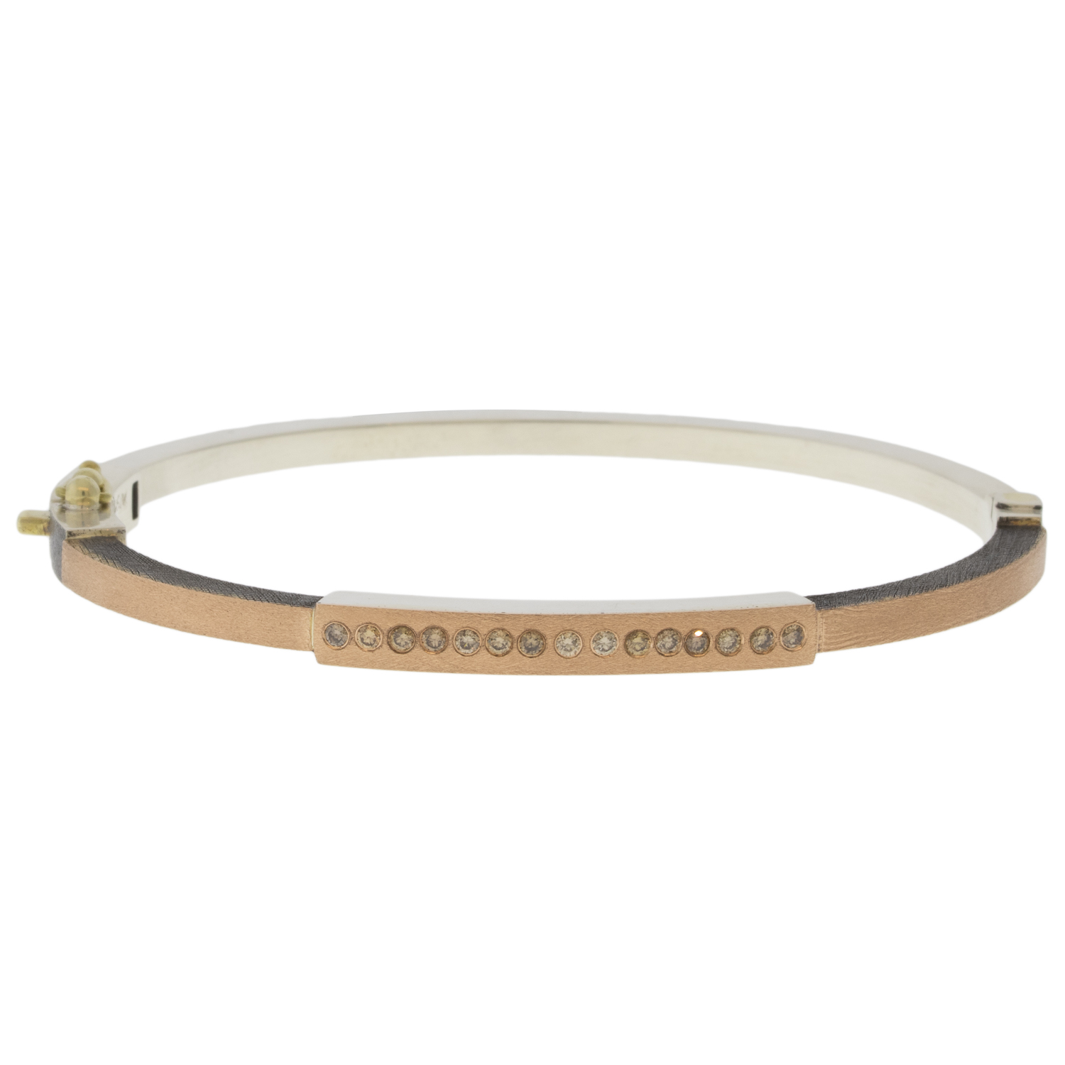 Rene Escobar Trunk Show:#17 2.5MM. SS hinged bangle featuring an 18k YG push button style clasp and 18k RG top sheet set with 0.22CT of WH diamonds
