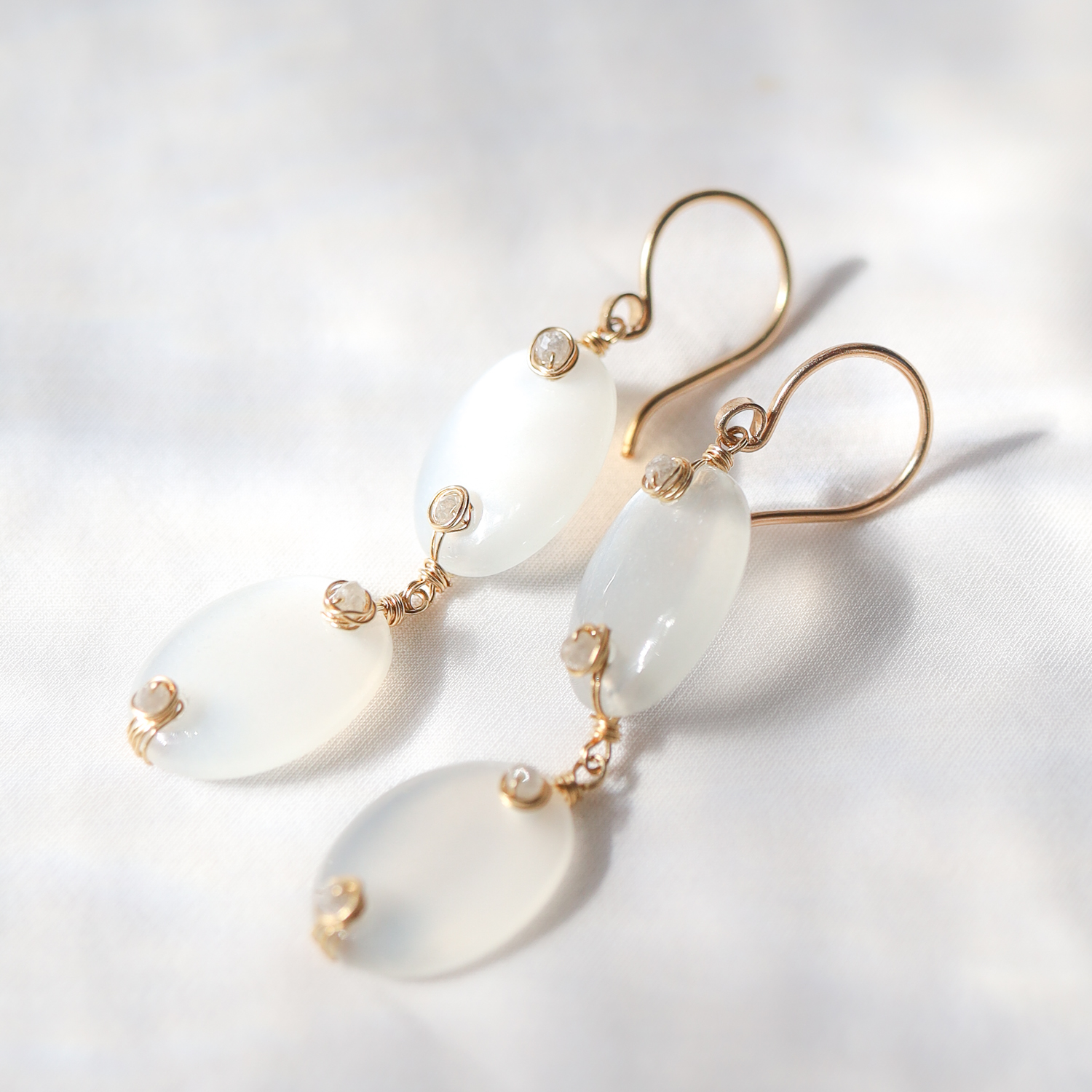 Dana Kellin Fine: Earrings, White Moonstone double drop, grey diamond, 14k