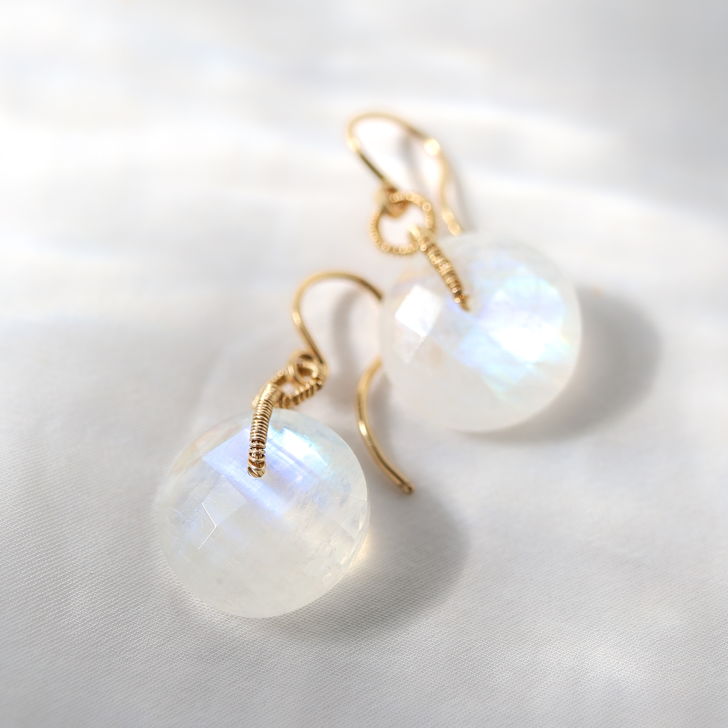 Dana Kellin Fine: Earrings, Round Rainbow Moonstones, 14k