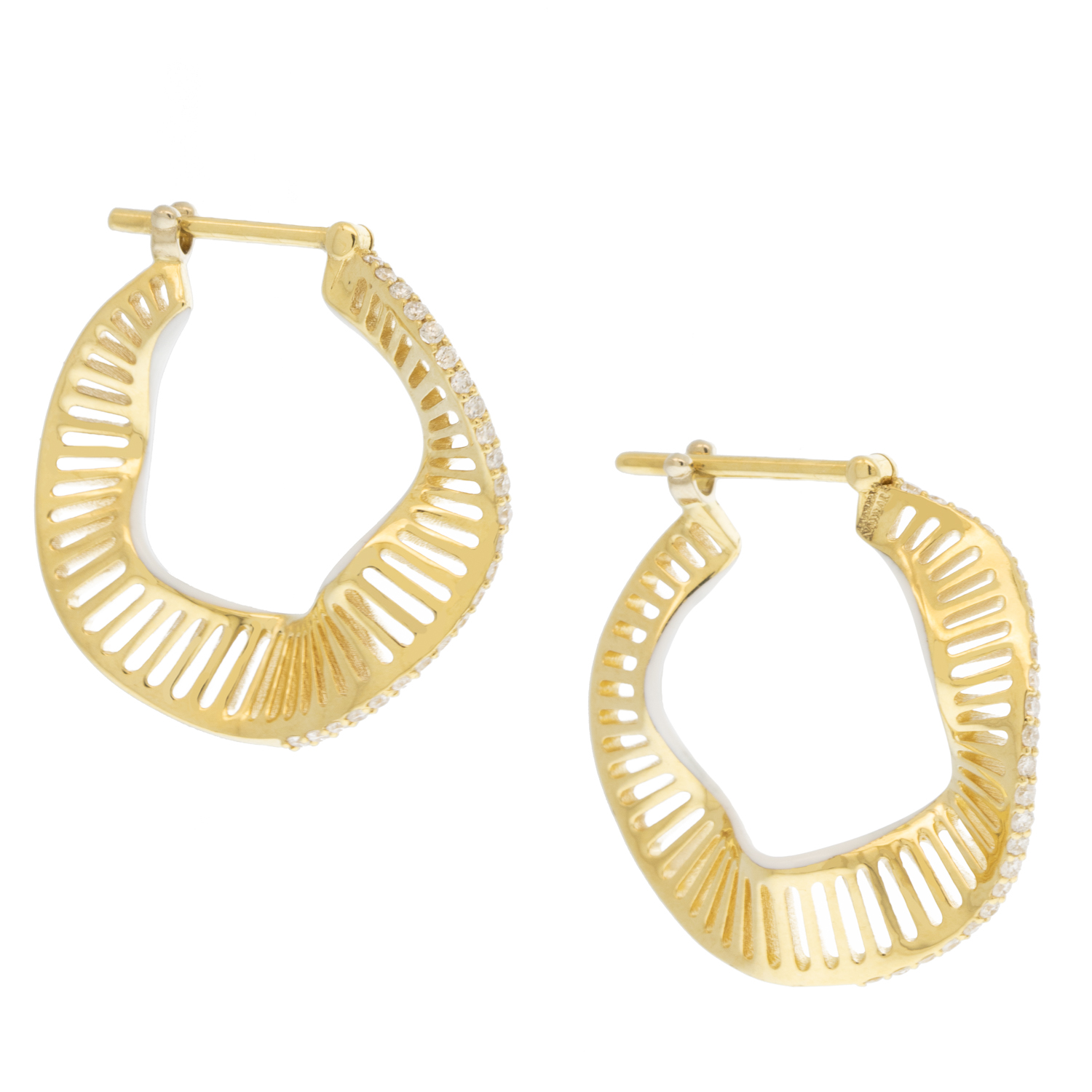 L'atelier Nawbar:Wave Hoops Size 2,Handmade 18K gold earrings encrusted with 0.21 ct white diamonds and inlaid with white handpainted enamel. Weight: 4.3 gr
